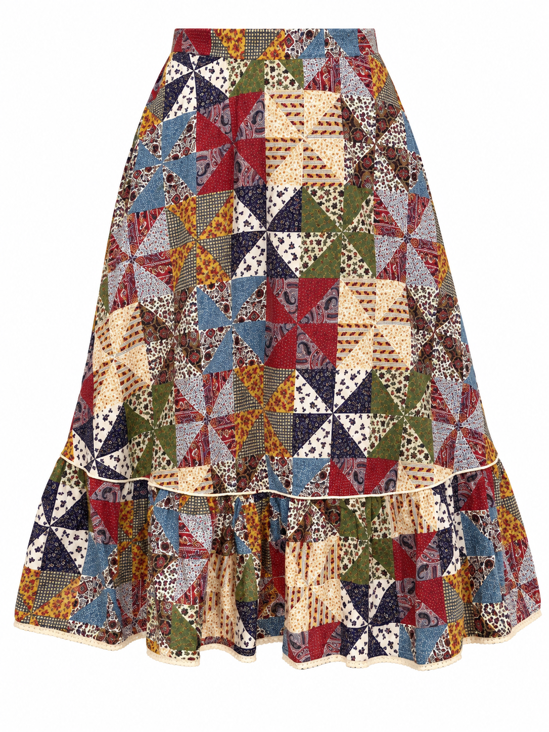 Vintage 70s-Inspired Cottagecore Patchwork Print Midi Skirt – M
