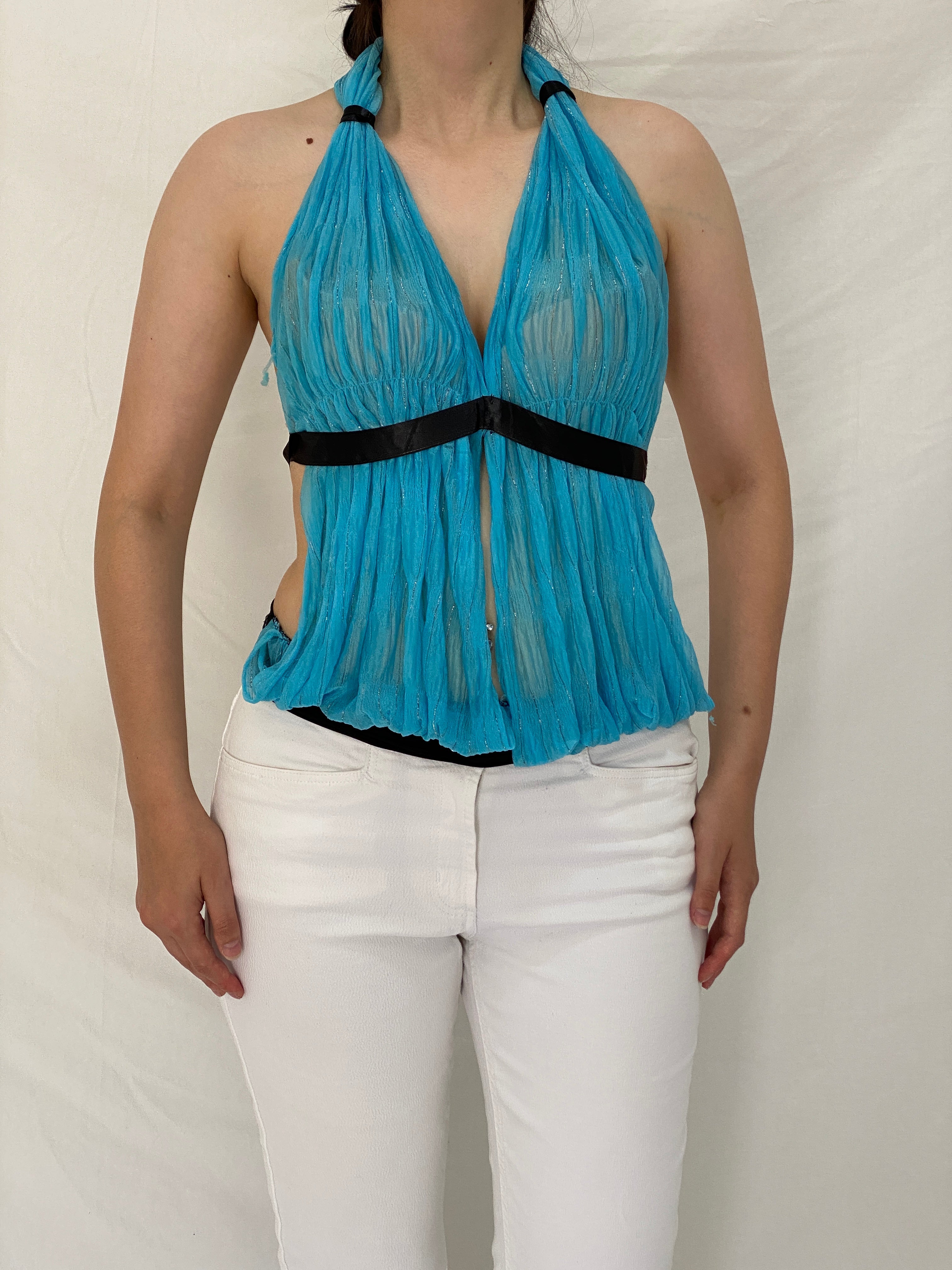 Vintage Y2K Blue Sheer Halter Open Back Mesh Top with Black Satin Trim - S