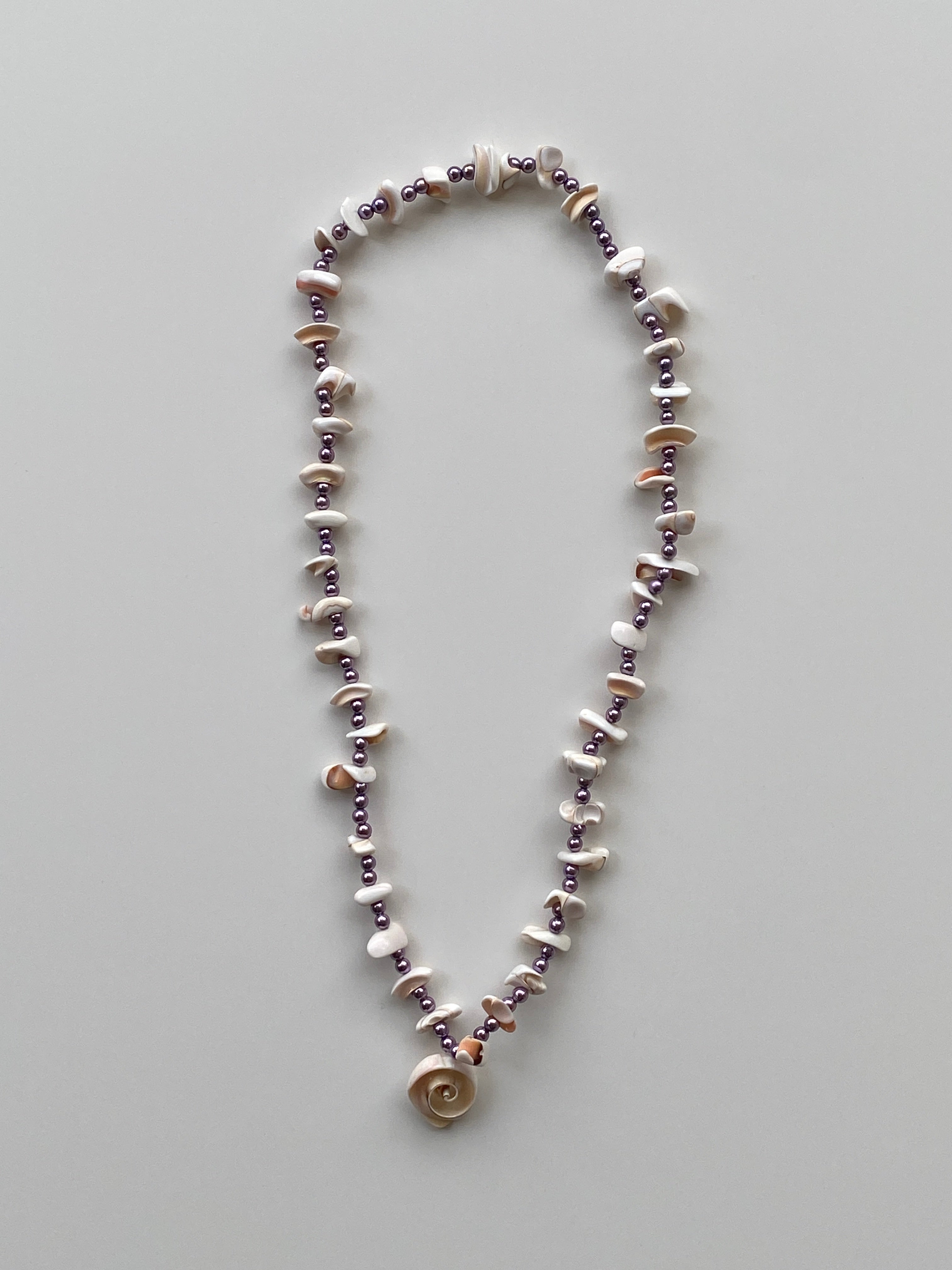 Vintage Natural Shell Chip & Lilac Pearl Bead Necklace with Spiral Shell Pendant