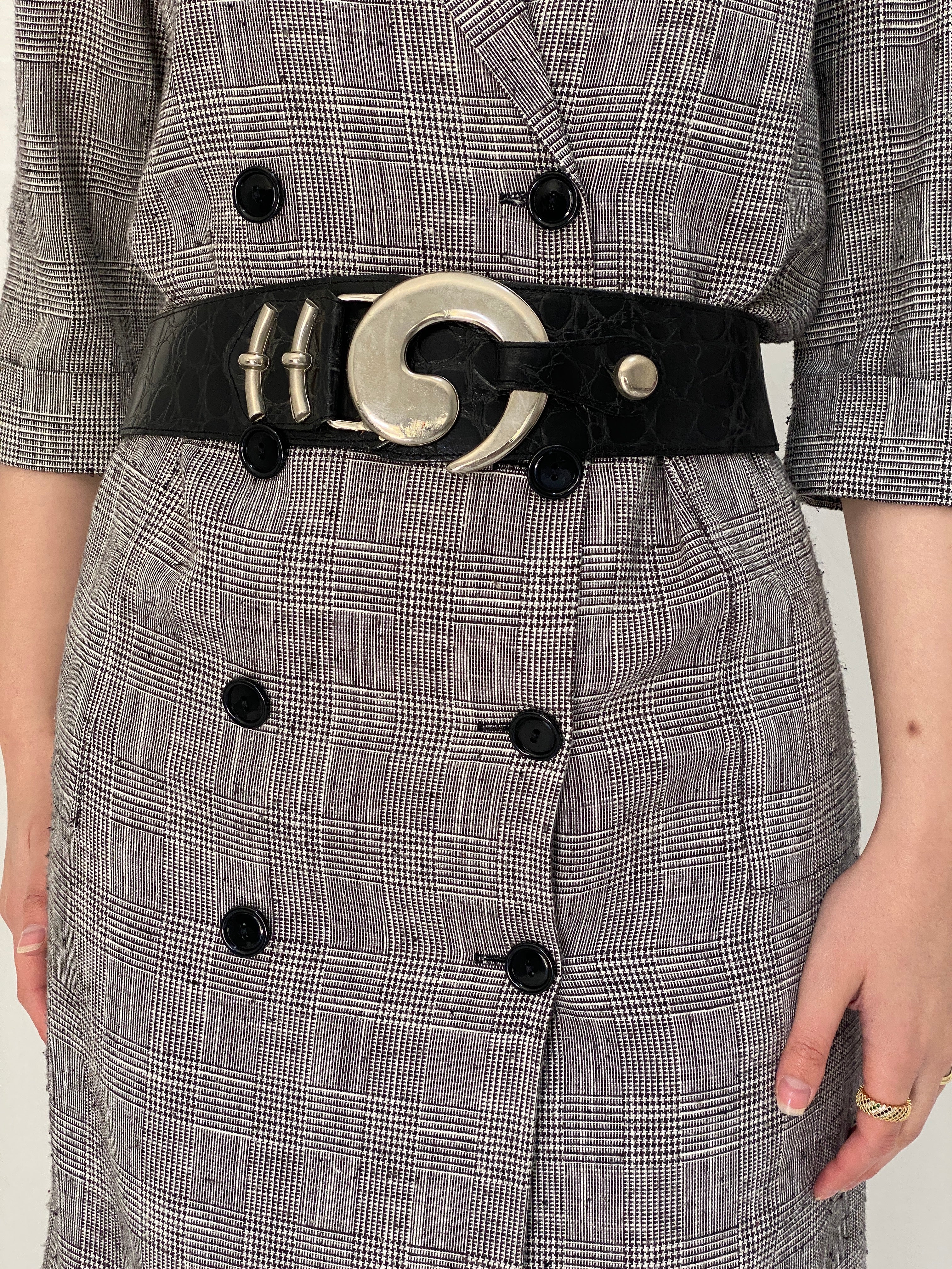 Vintage Croc Embossed Leather Statement Belt with Oversized Silver Buckle