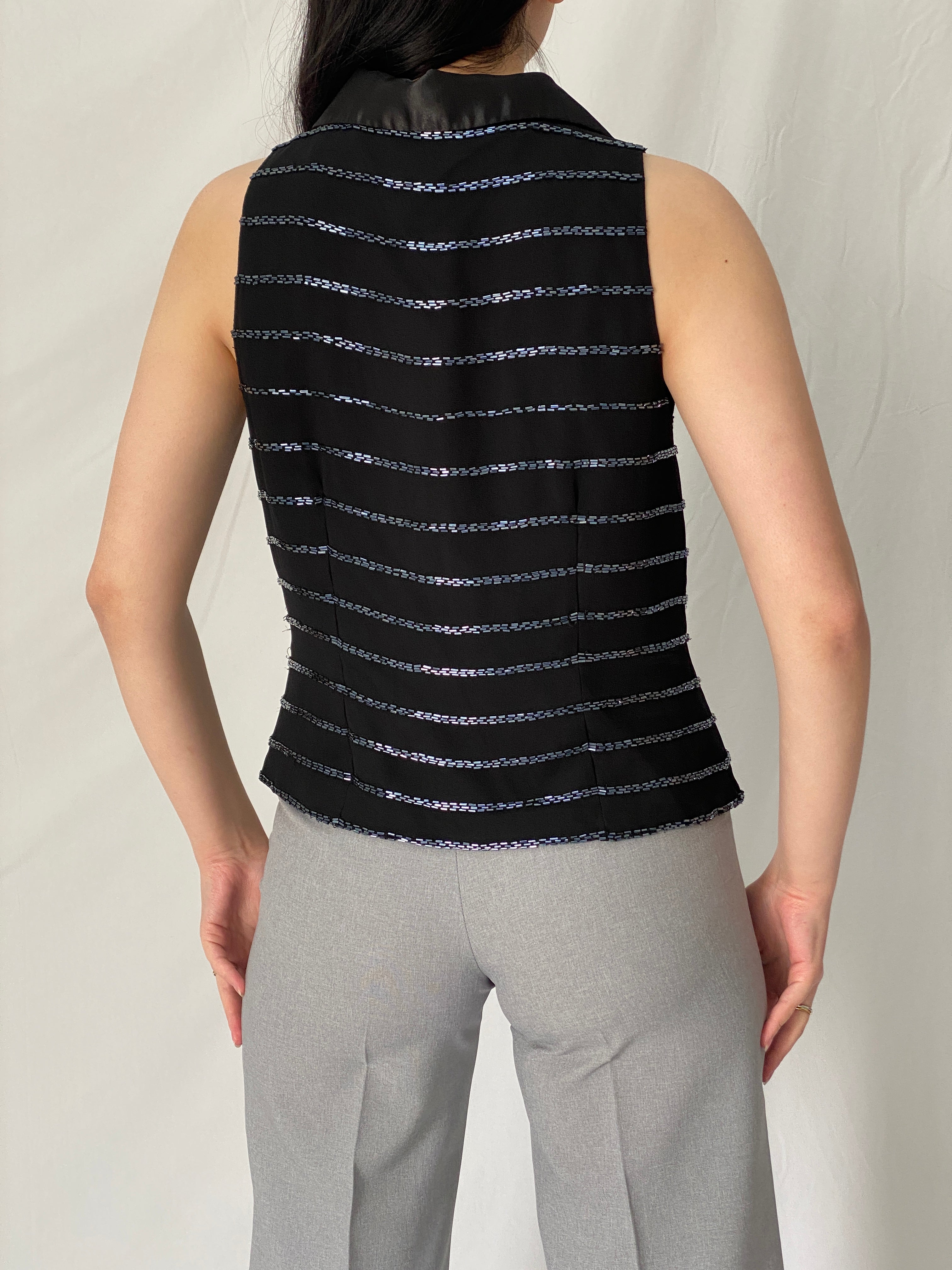 Vintage JK ARA Black Beaded Party Sleeveless Top Embellished Evening Blouse – M