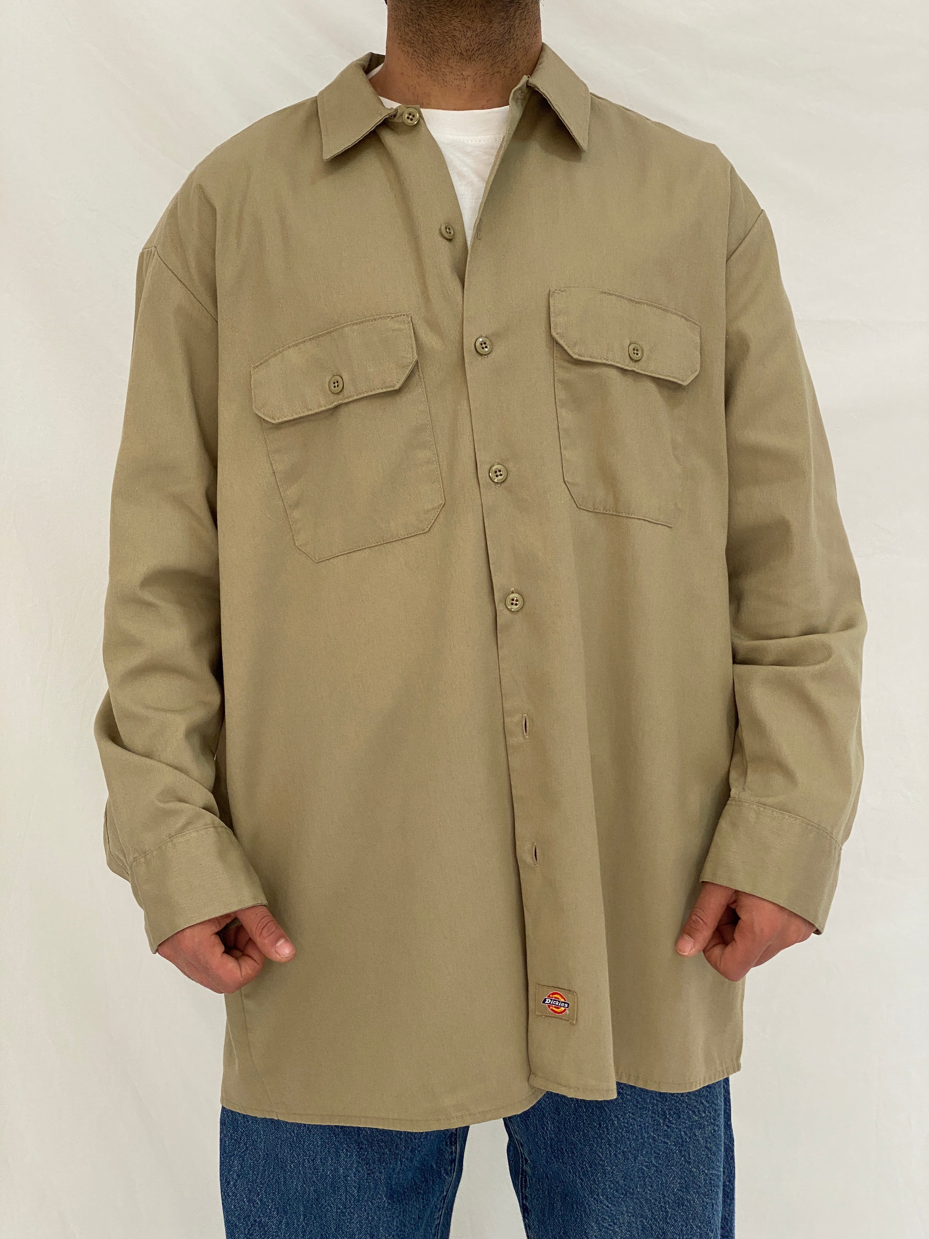 Vintage Dickies Workwear Khaki Button-Up Shirt Beige Shirt
