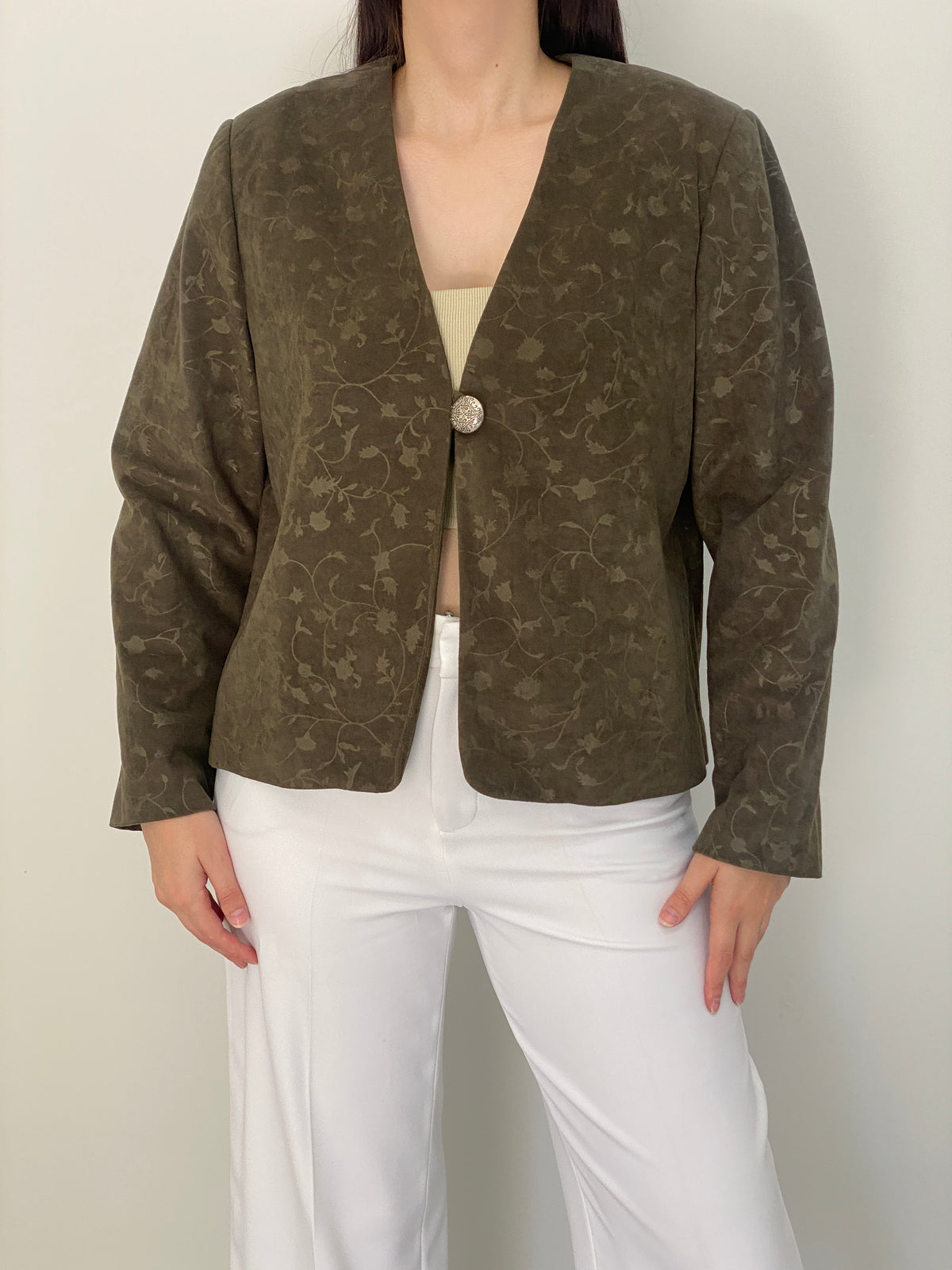Vintage 90s Handmade Olive Green Floral Jacquard Single Button Blazer – L