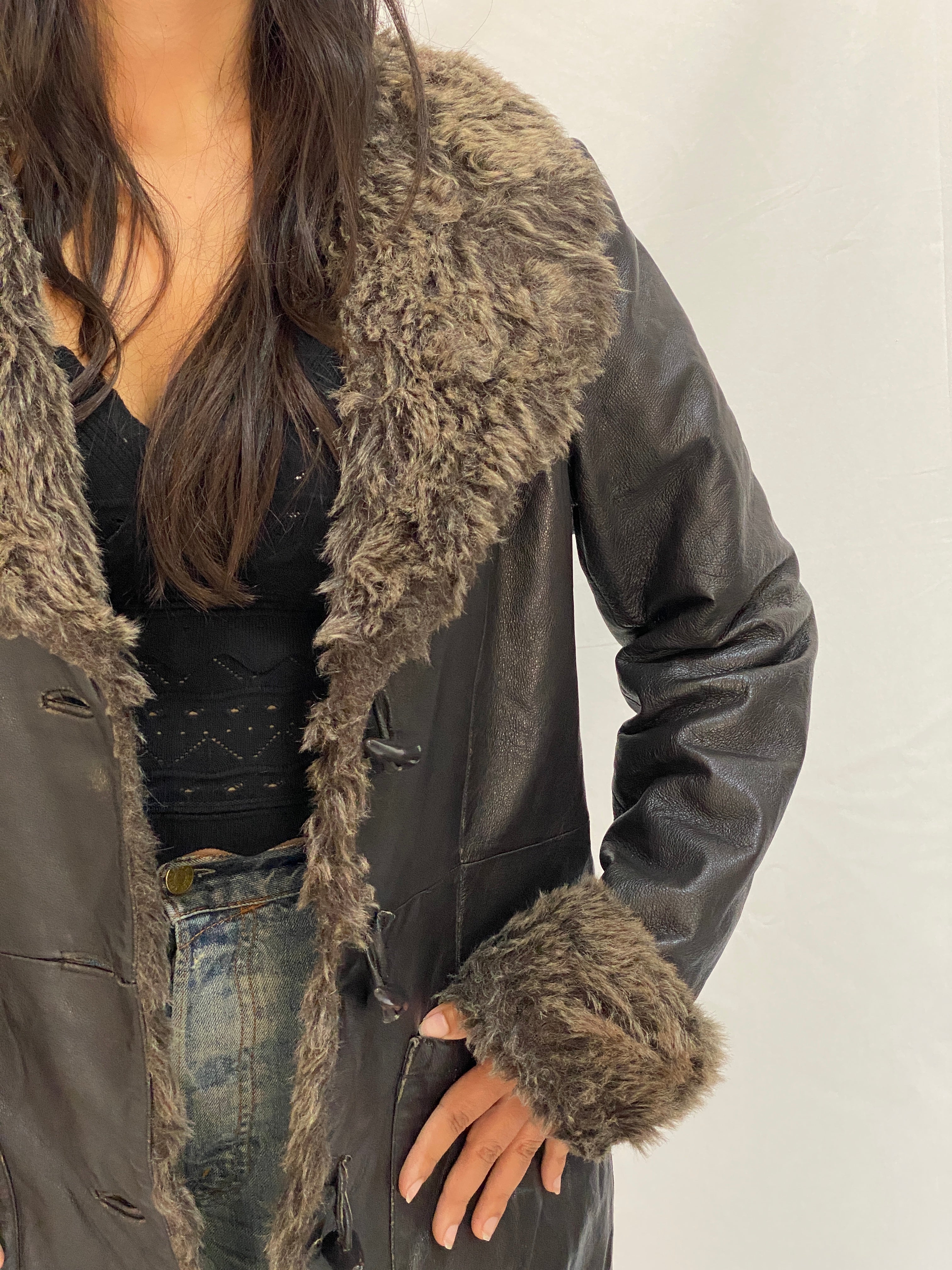 Vintage Genuine Leather Coat with Faux Fur Collar & Cuffs 70s Style Shearling Lined Brown Jacket - XL