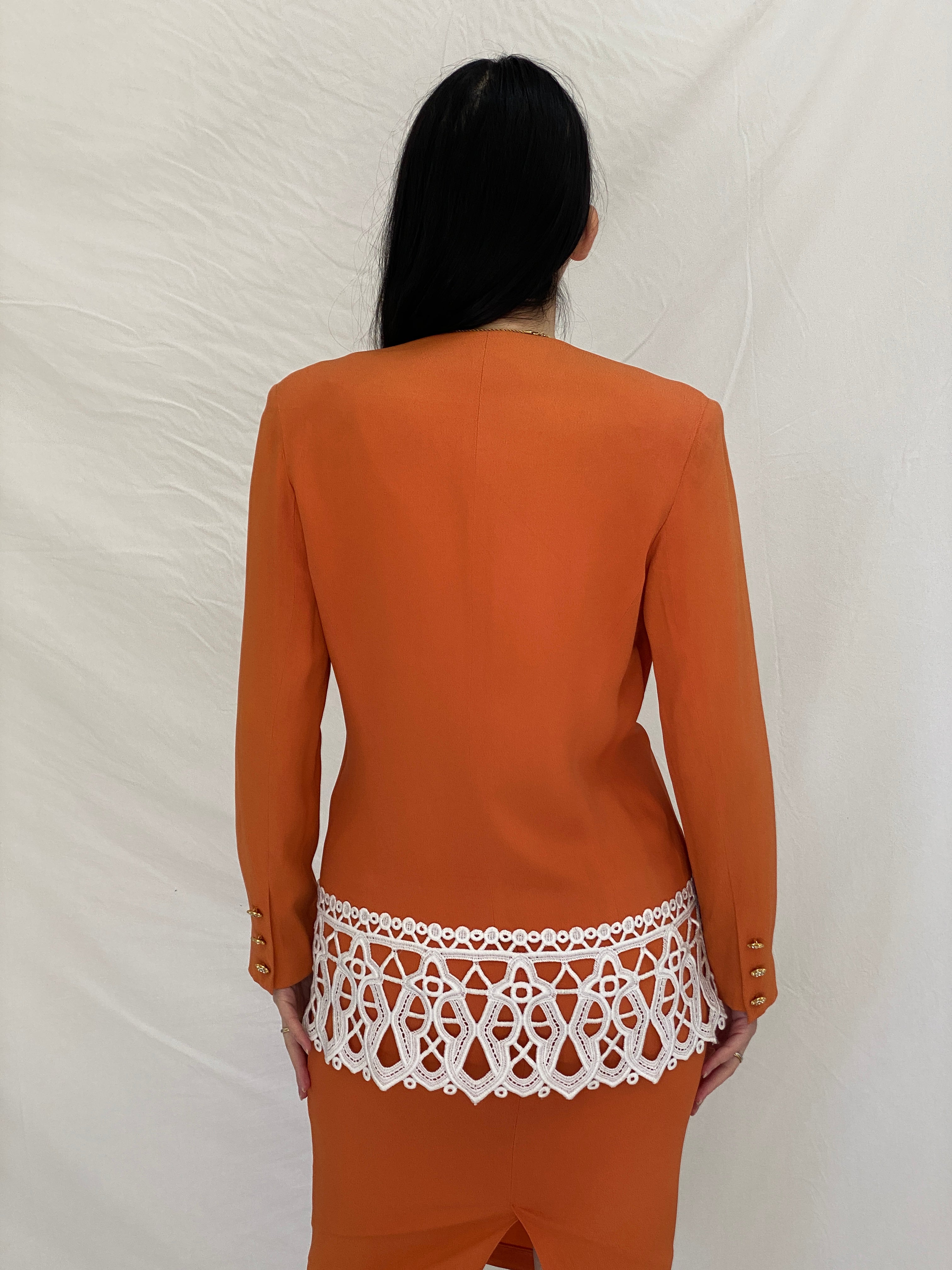 Statement Vintage Luigi Bruno Italian Orange Skirt Suit Set Tailored Blazer & Pencil Skirt - S