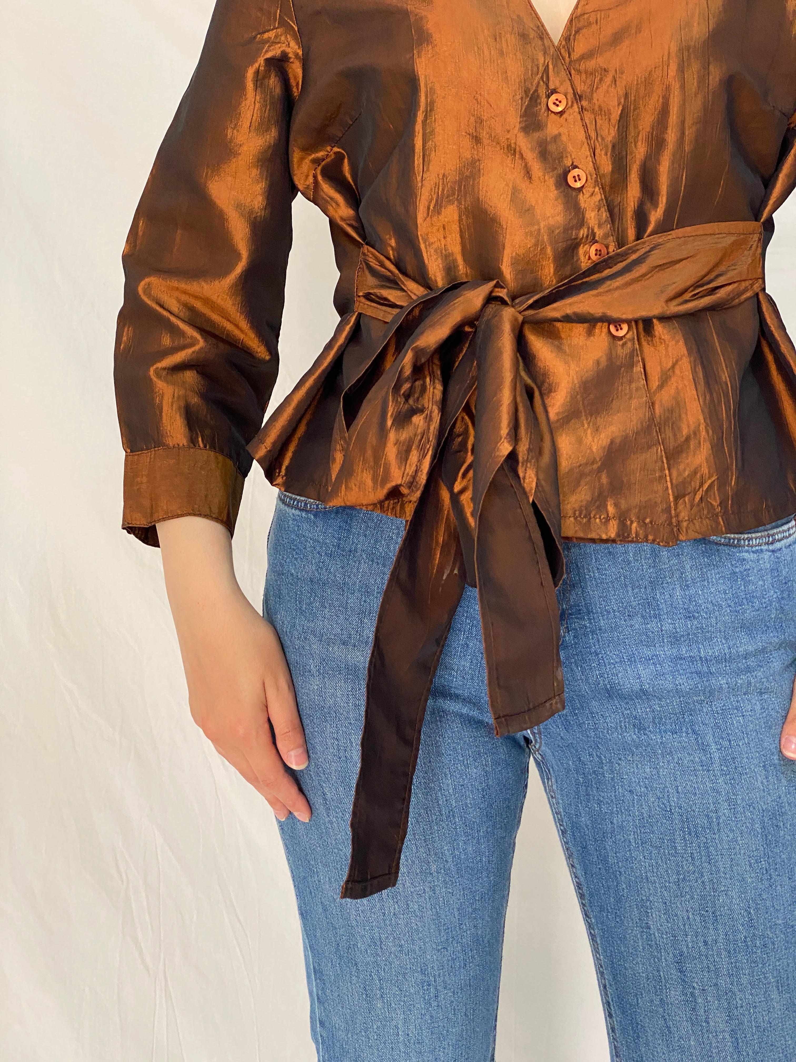 Vintage Pleno Bronze Metallic Wrap Blouse Tie Waist Shimmer Top - L