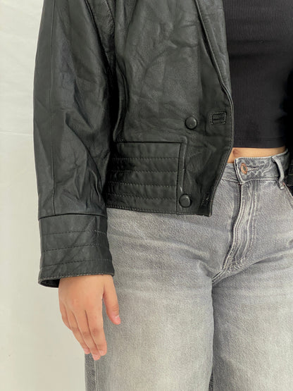 Vintage 80s Greek Kelesidi Leather Bomber Jacket Black Power Shoulder Blazer - M