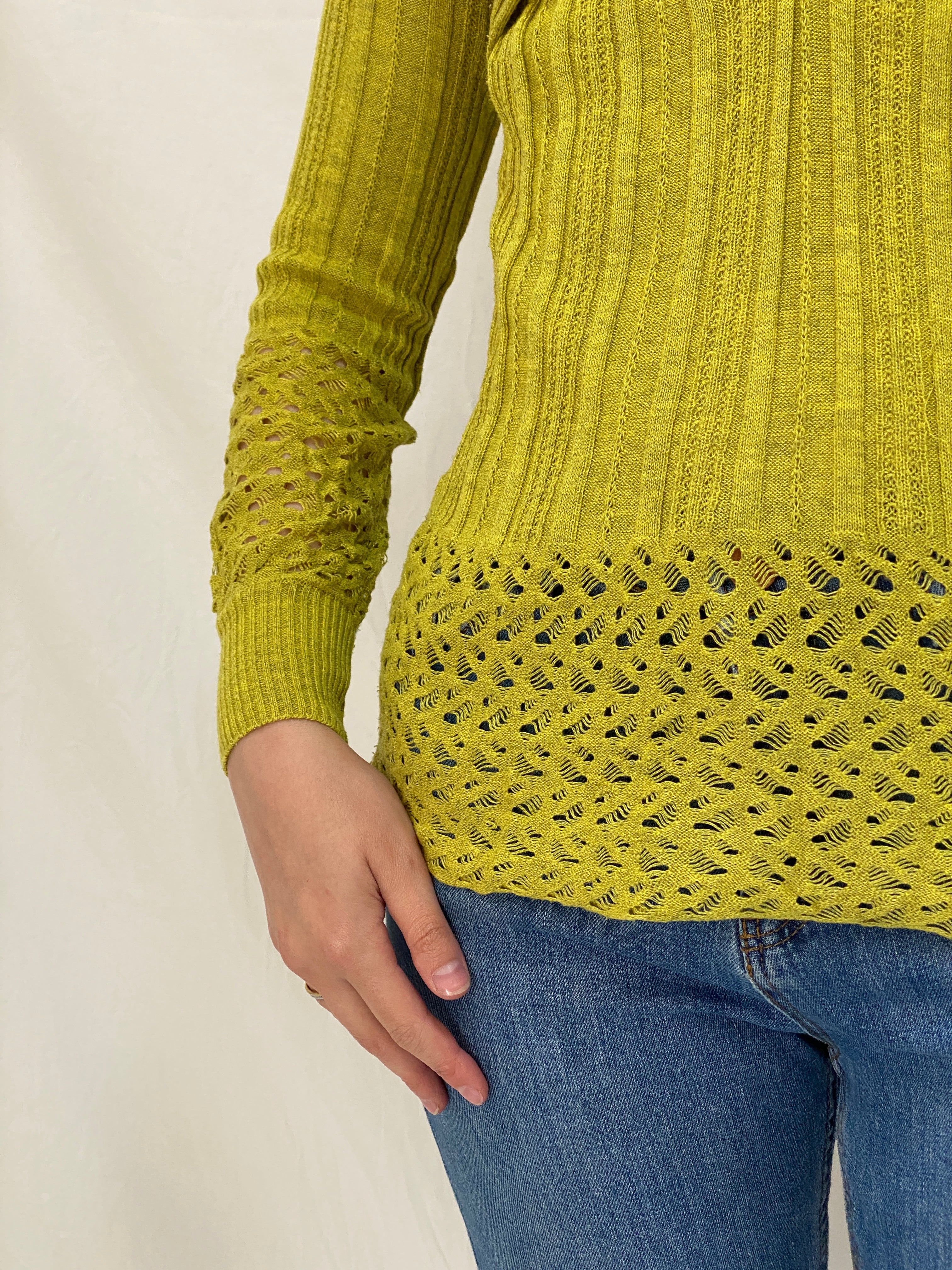 Vintage Y2K Chartreuse Ribbed Knit Twist Front Open Knit Detail Long Sleeve Top - S