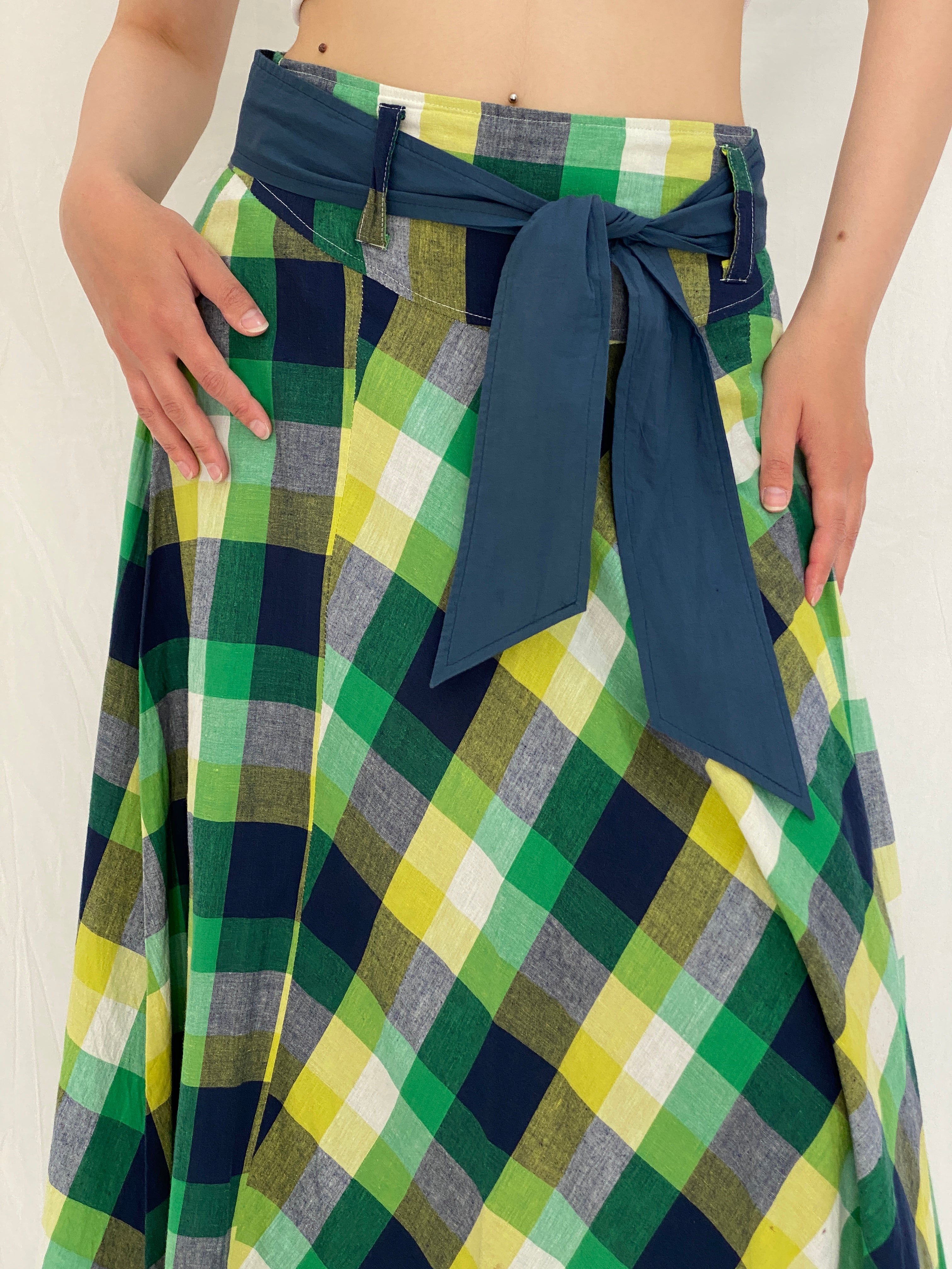 Vintage Passion Green Yellow Plaid Cotton Cottage Core Maxi Skirt - M