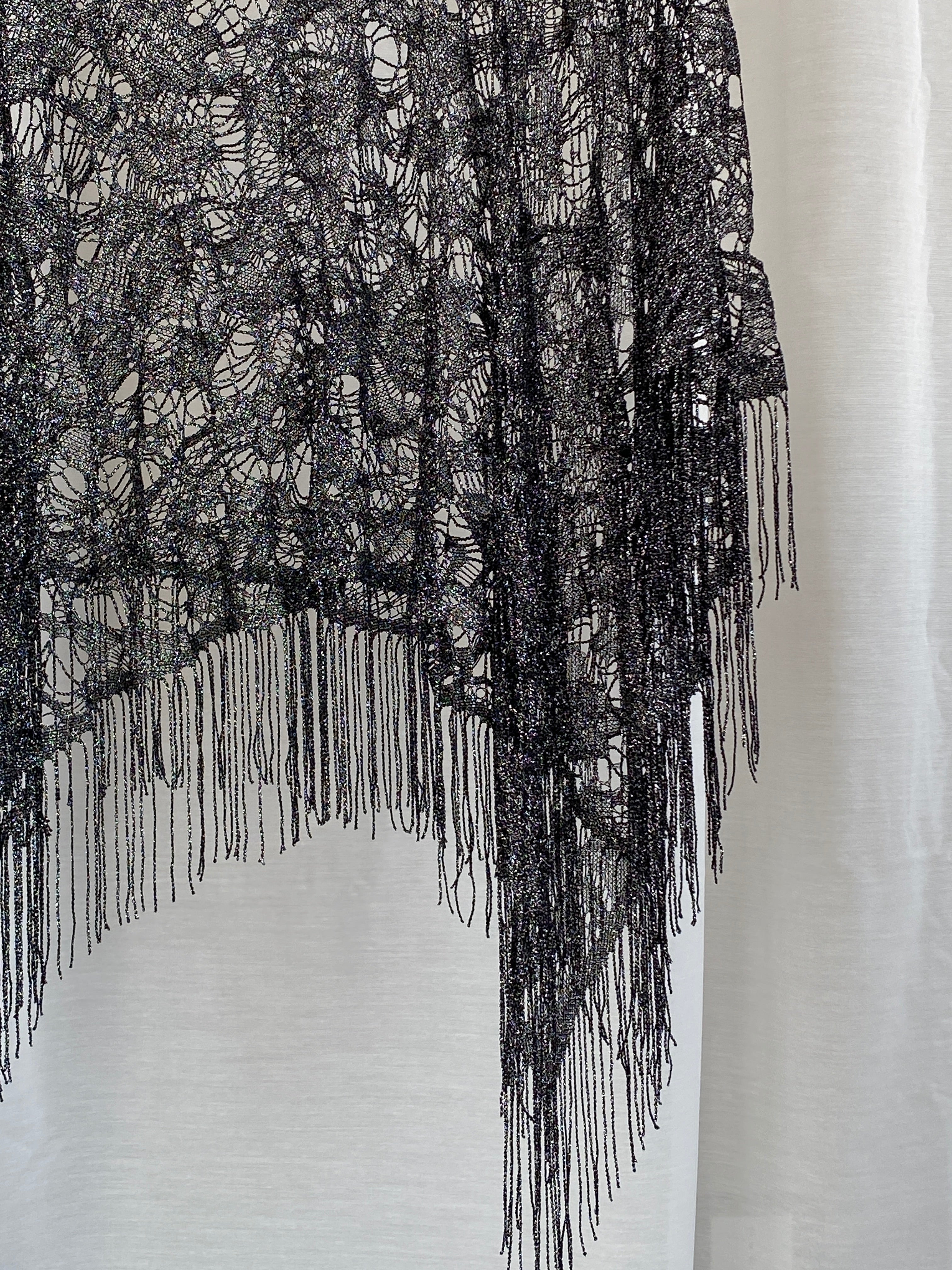 Rare Vintage Tabloid Metallic Black Knit Fringe Poncho – Sheer Boho Festival Shawl