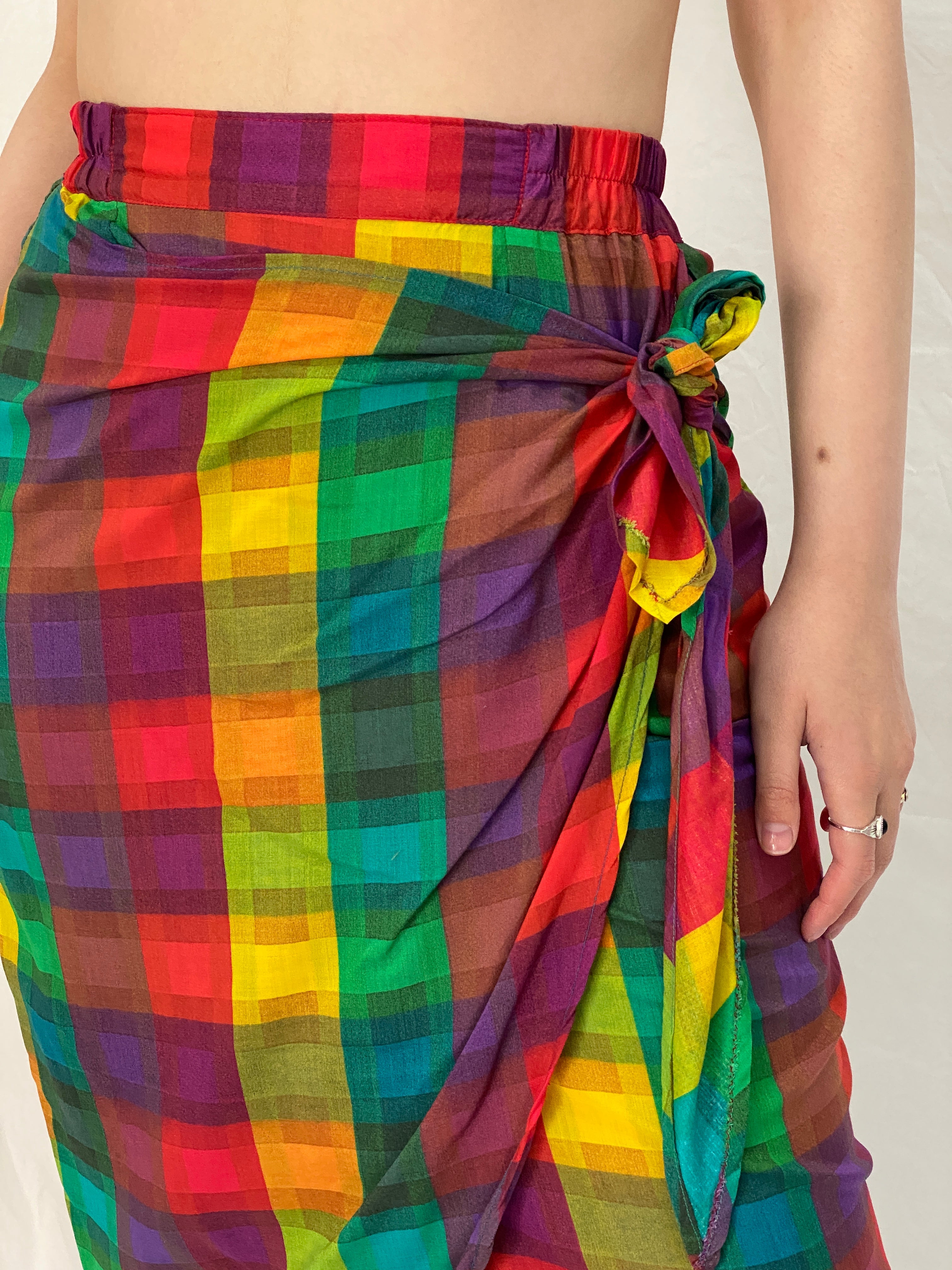 Vintage Y2K Handmade Rainbow Plaid Wrap Midi Skirt - S