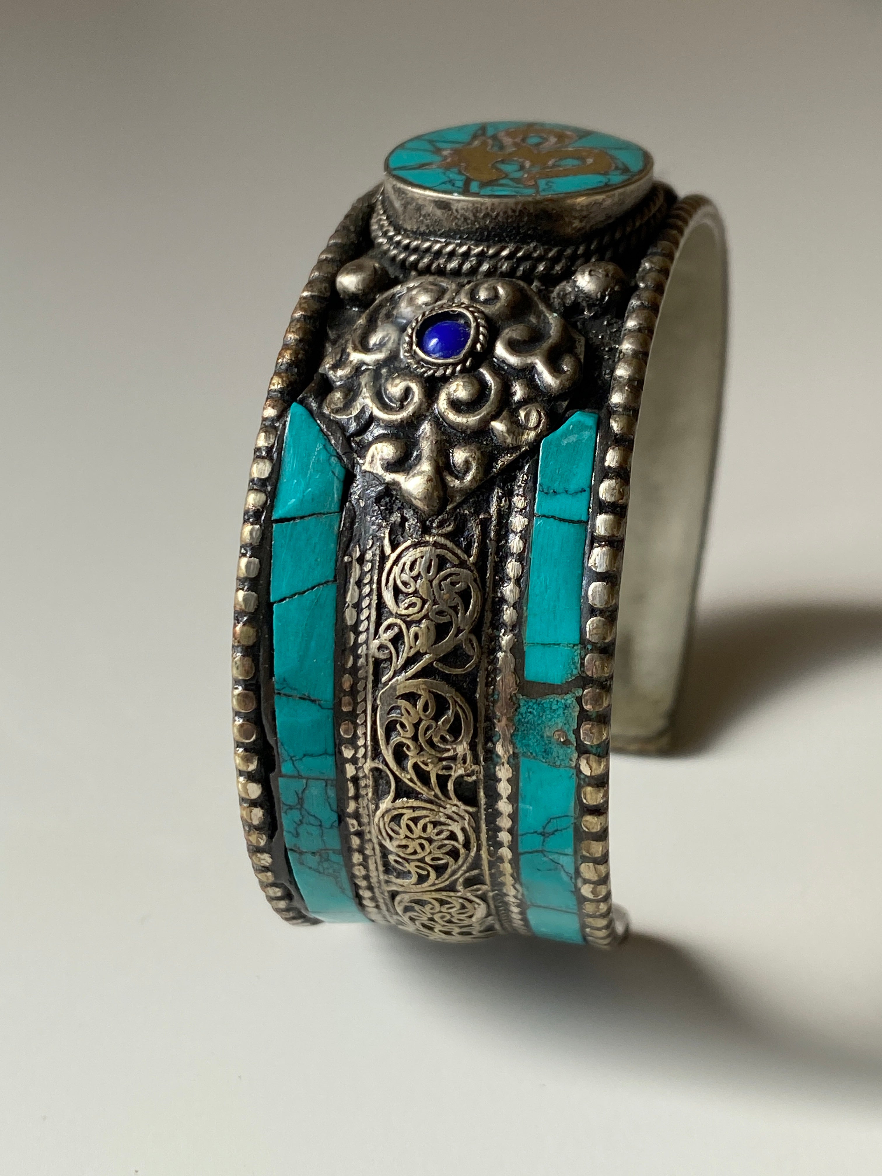 Vintage Tibetan Turquoise Om Cuff Silver Tone Dragon Engraved Bracelet