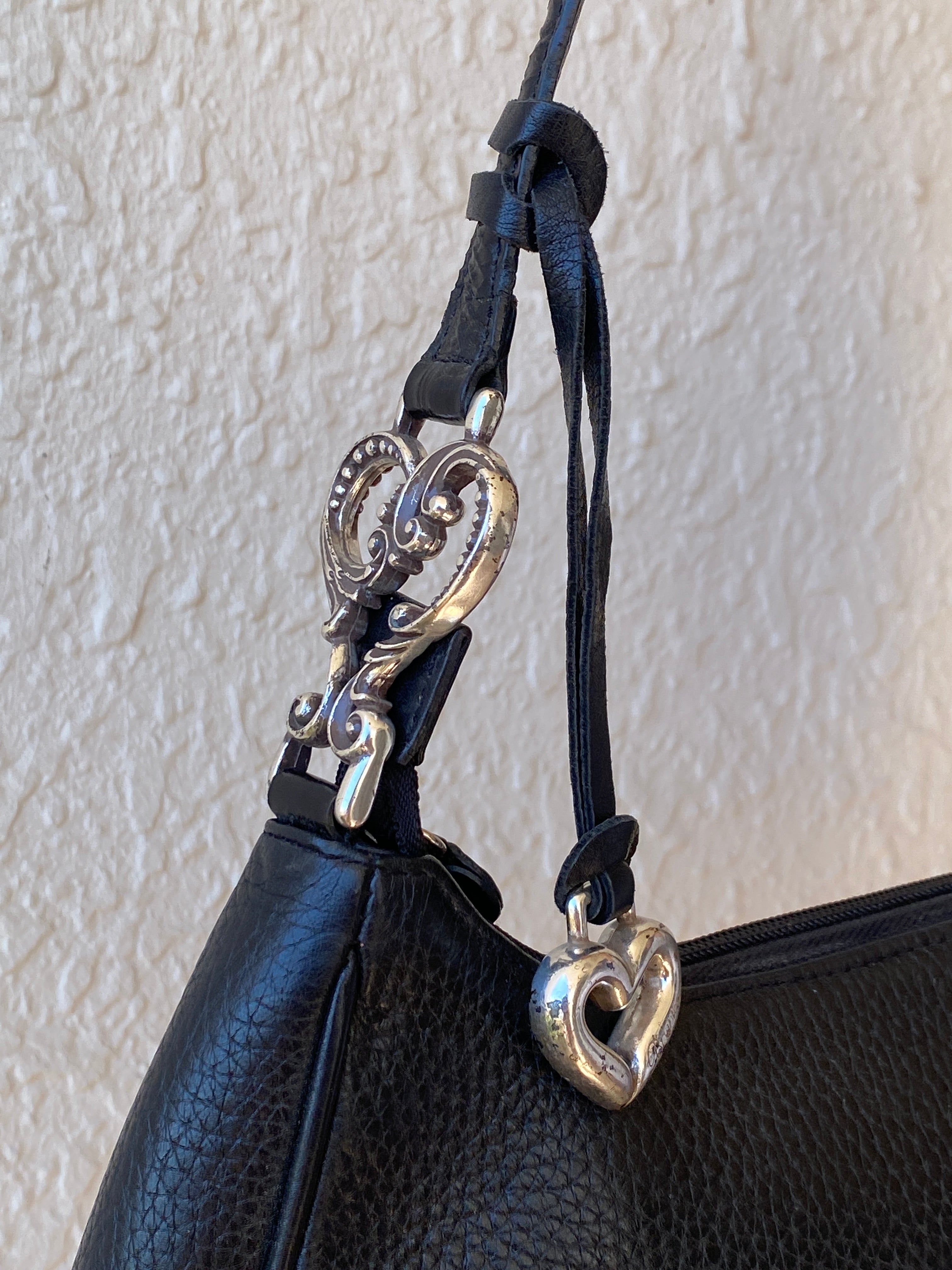 Vintage Y2K Brighton Black Genuine Leather Whimsigoth Shoulder Bag with Heart Charm