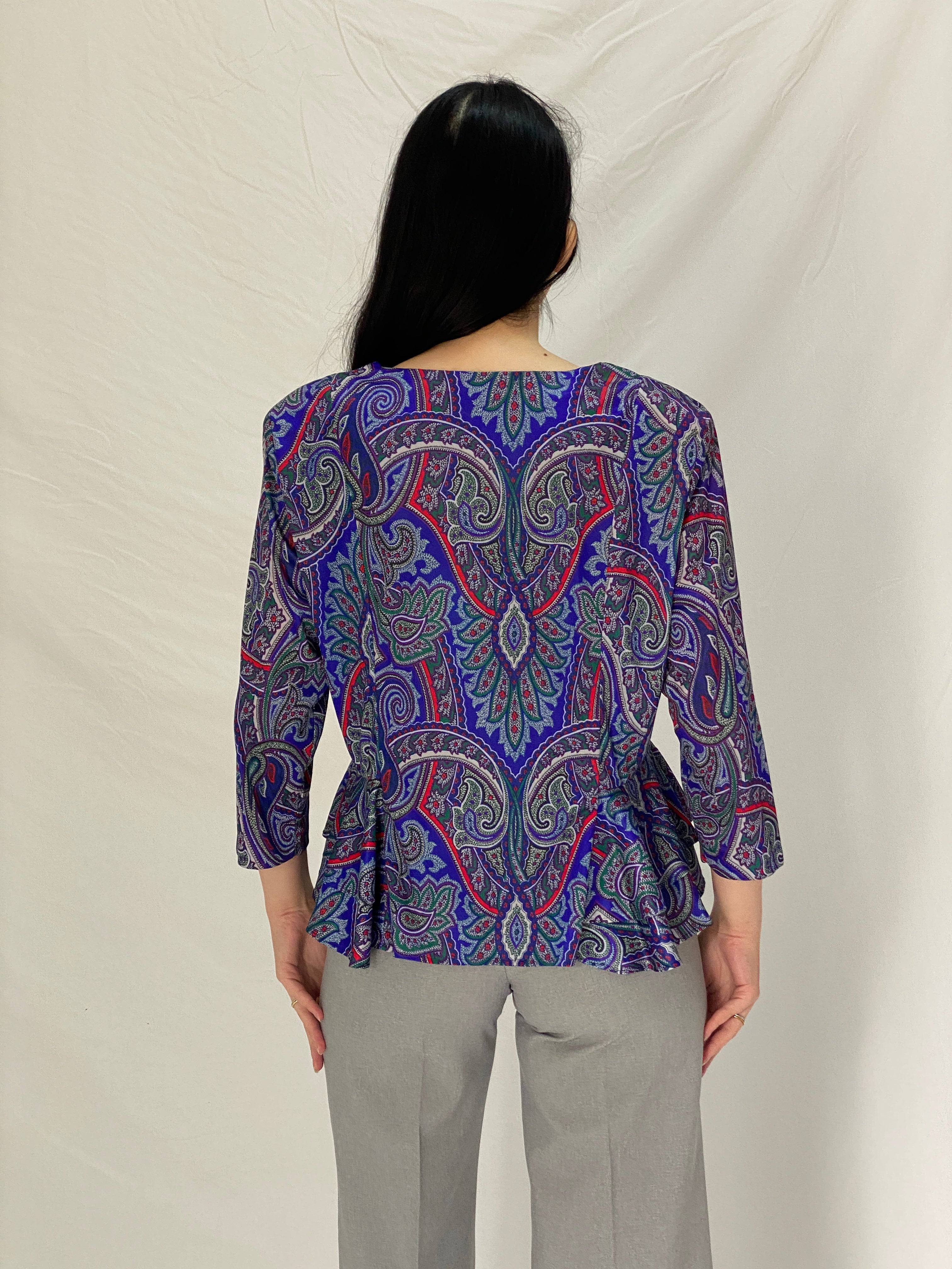 Vintage Amanda Blair Paisley Navy Peplum Satin Blouse Jewel Tone Print with Gold Buttons - L
