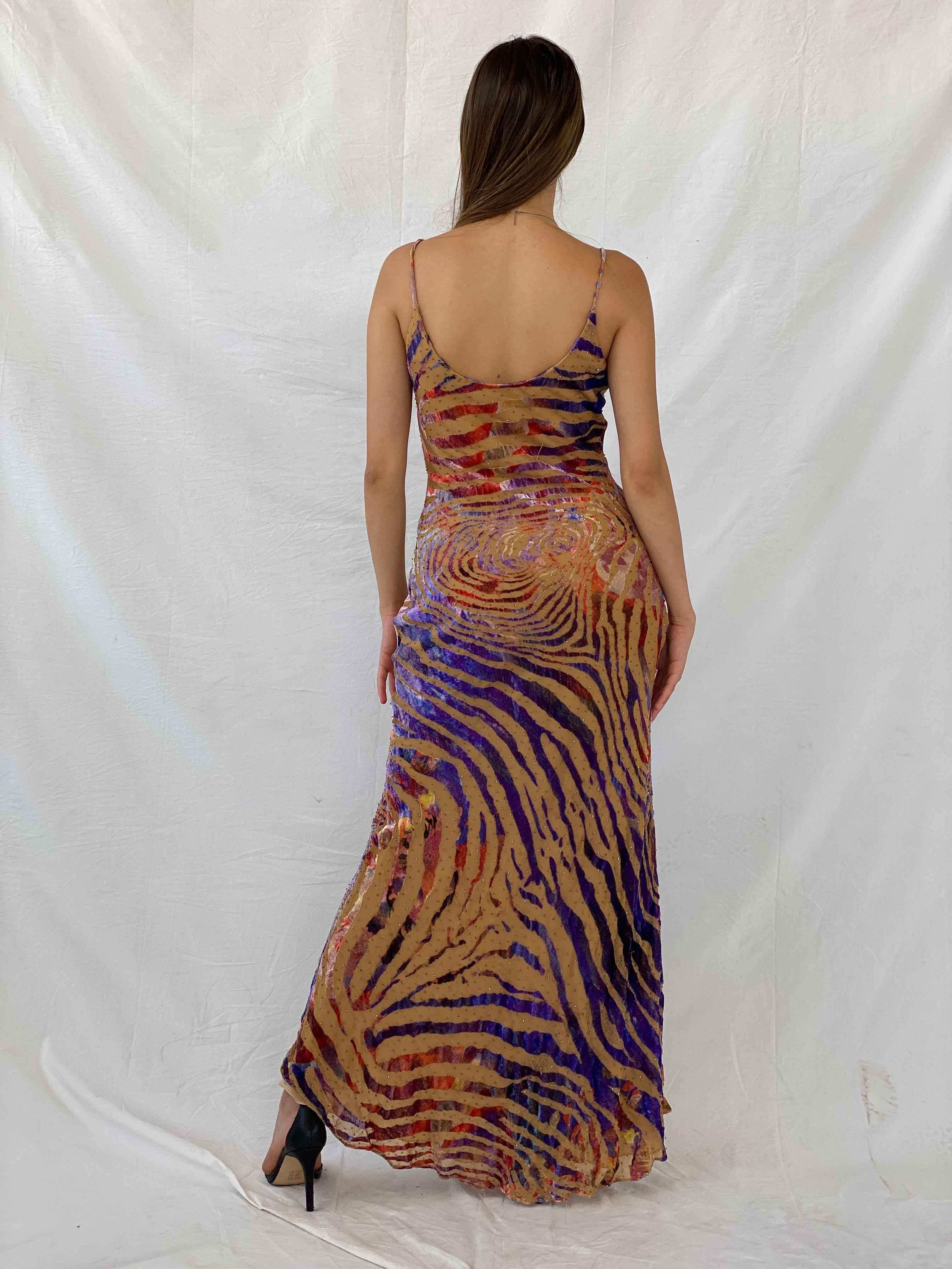 Vintage 90s IF Elegant Style Beaded Velvet Zebra Pattern Gown - Balagan Vintage Maxi Dress 00s, 00s dress, animal print, consignment, Isabella, maxi dress, Mira