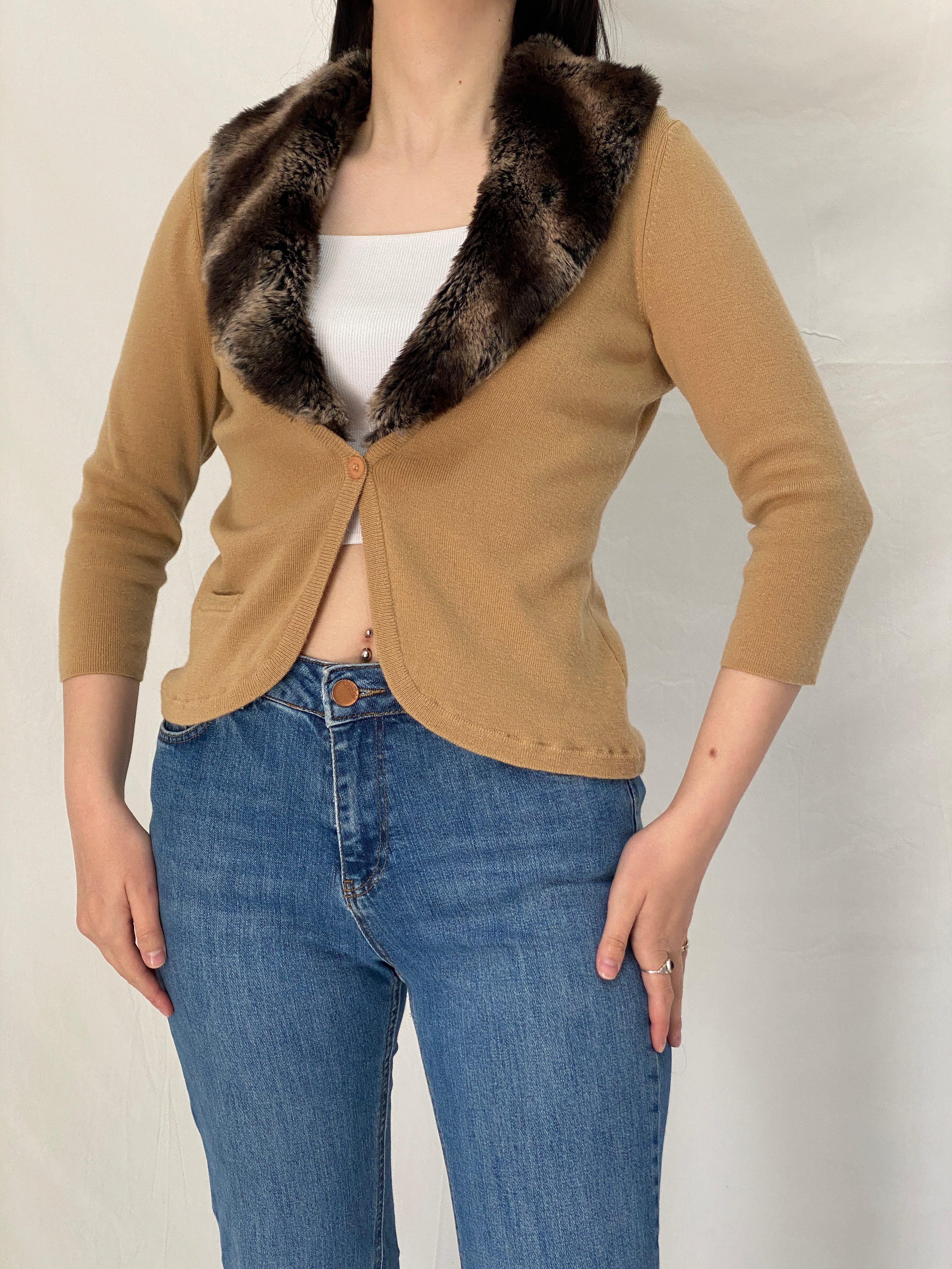 Vintage CO-OP Camel Merino Wool Blend Cardigan with Faux Fur Collar - L