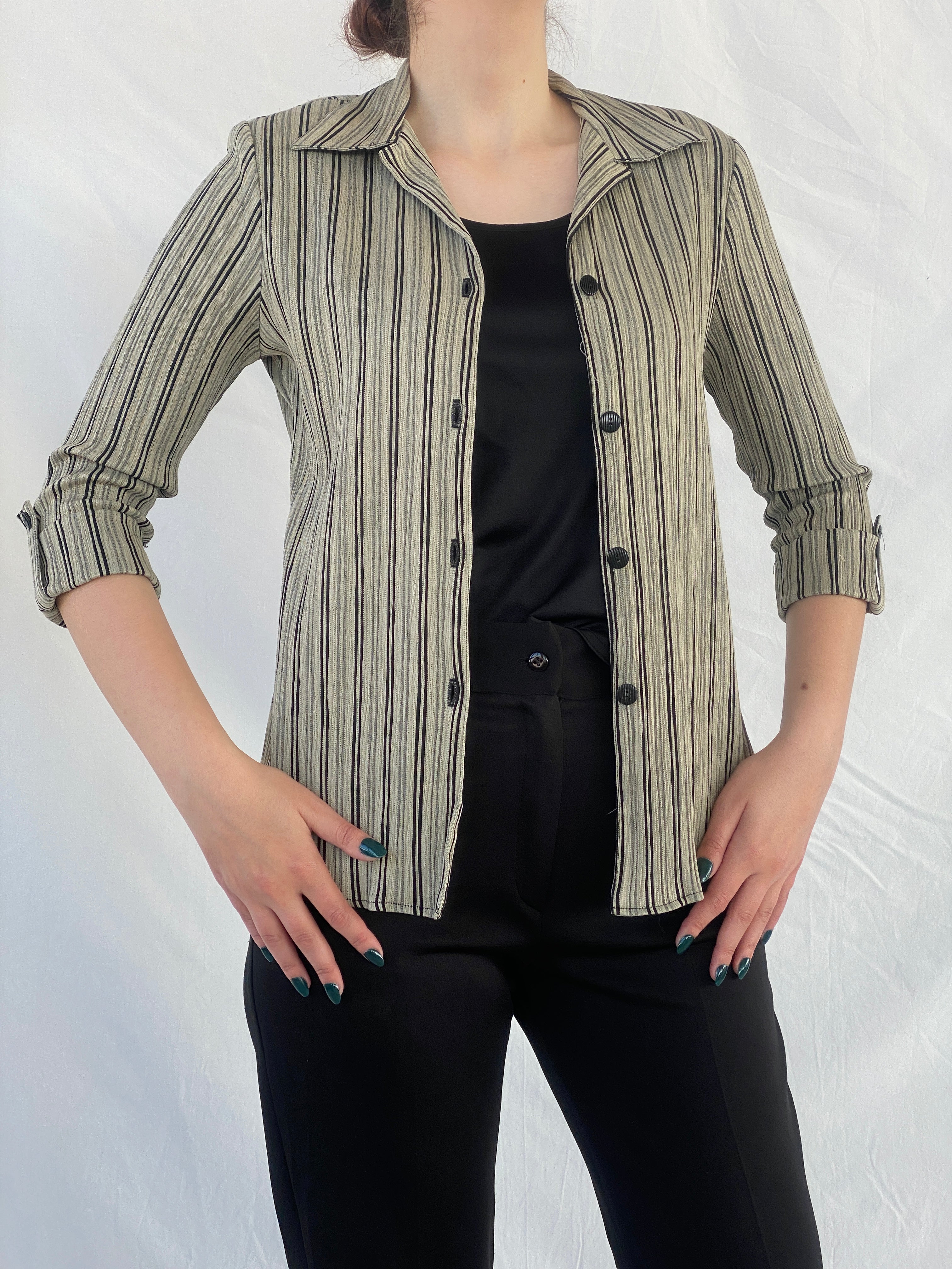 Vintage Dressbarn Women’s Black and Beige Striped Shirt with an Attached Blouse - M