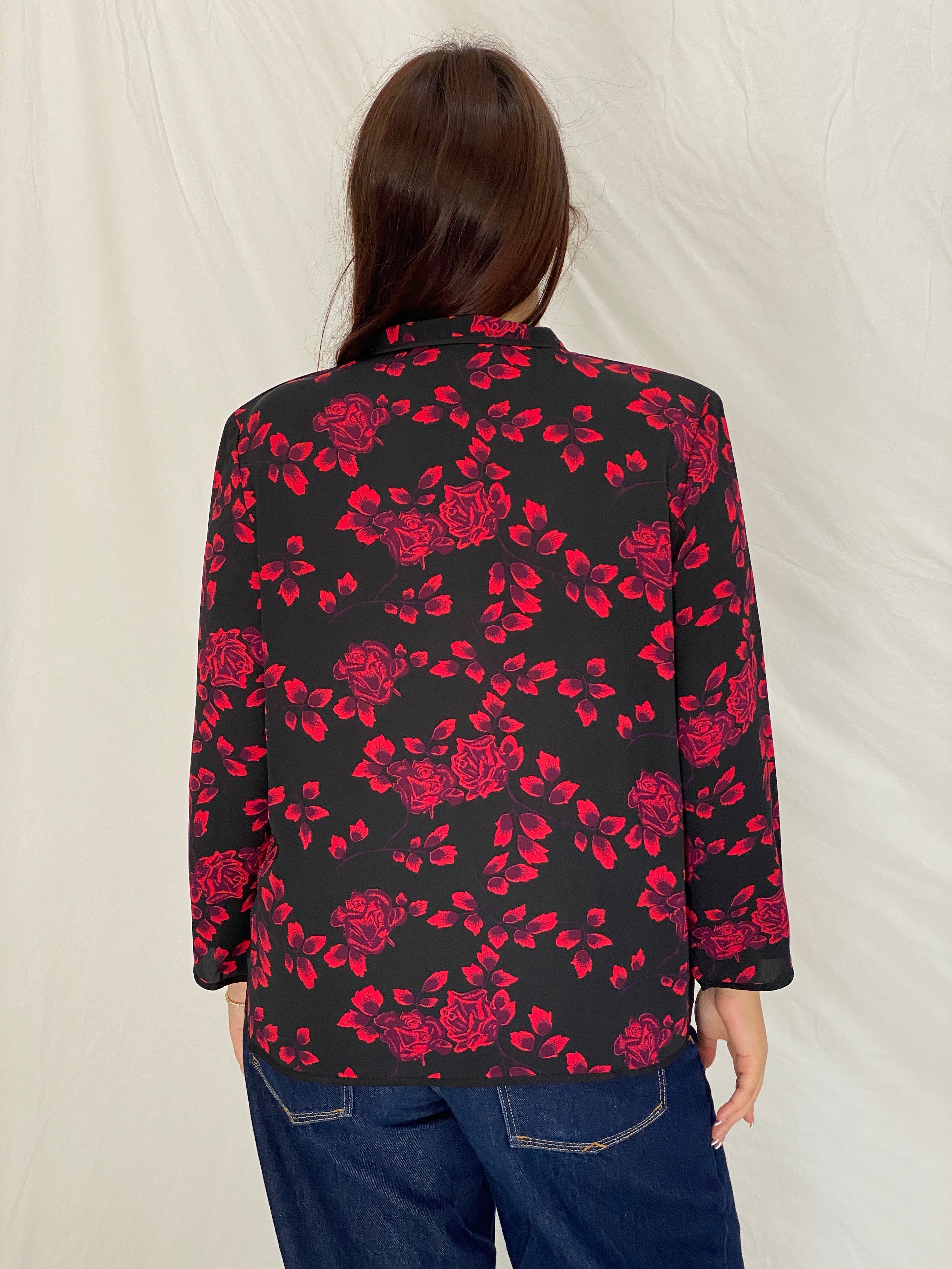 Vintage Y2K Richness Fashion Black & Red Floral Mandarin Collar Blouse - XL