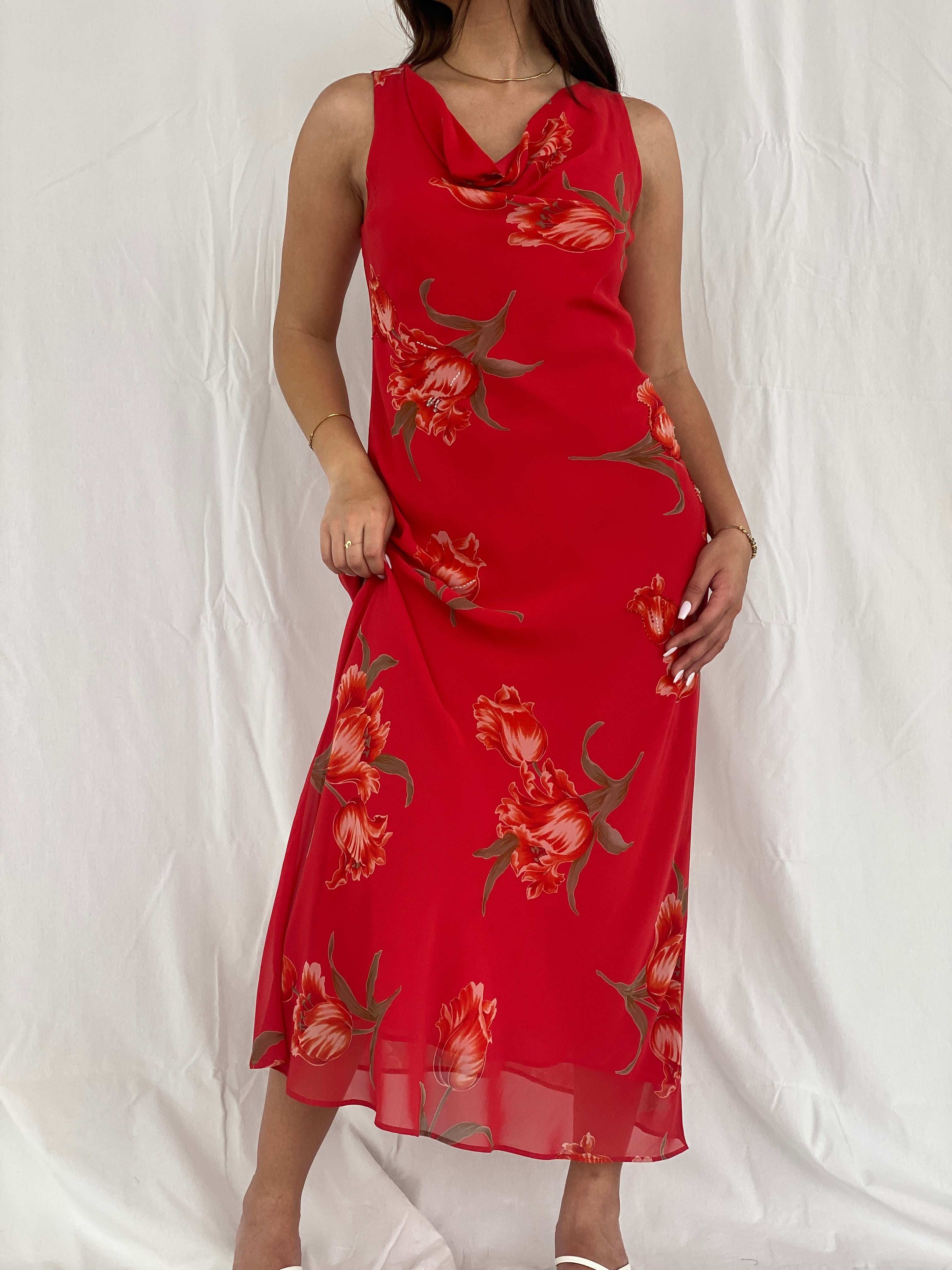 Vintage Jessica Howard Red Floral Maxi Dress Size M