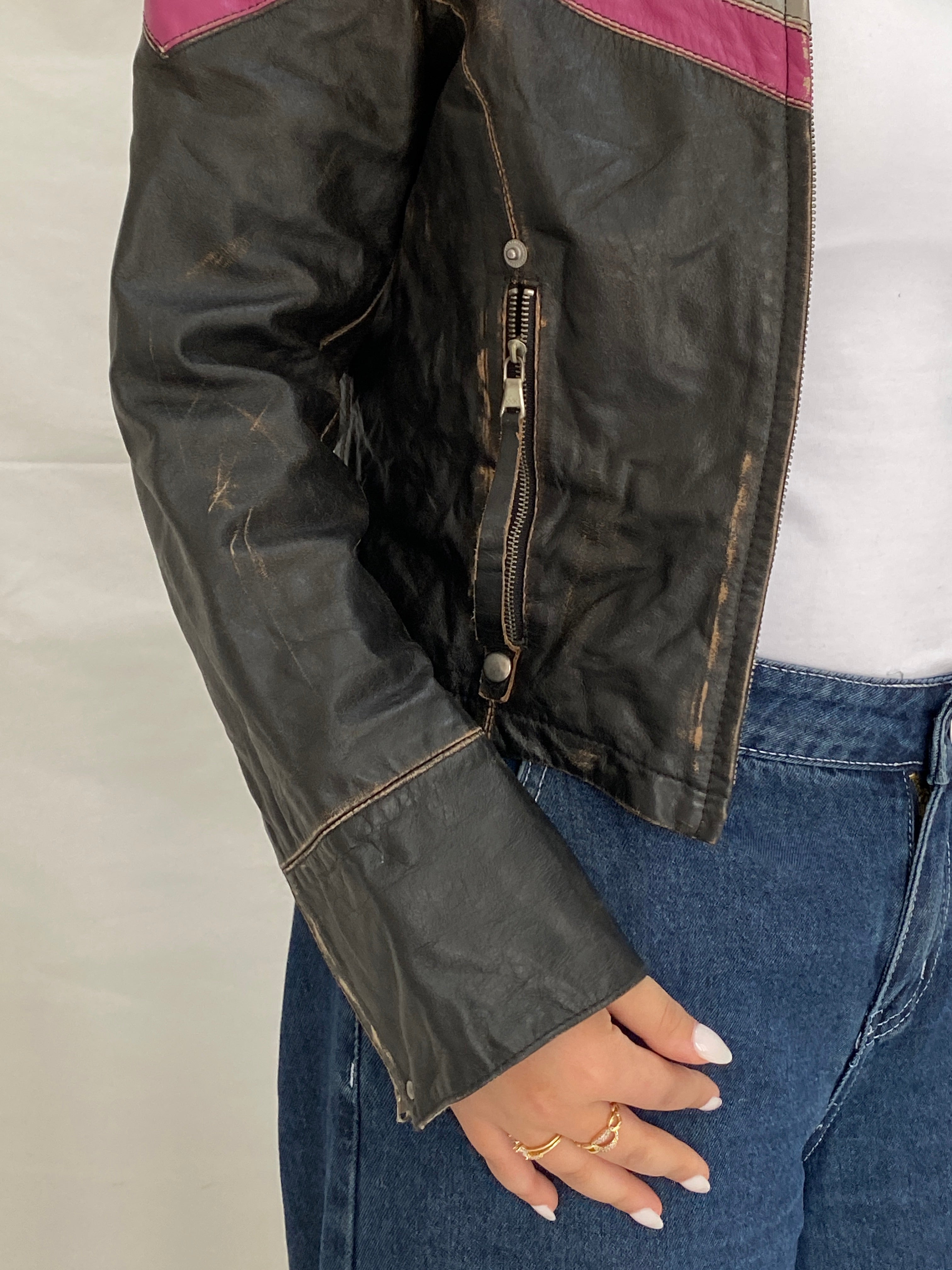 Vintage Miss Sixty Distressed Genuine Leather Moto Jacket Y2K Chevron Colorblock Biker - M