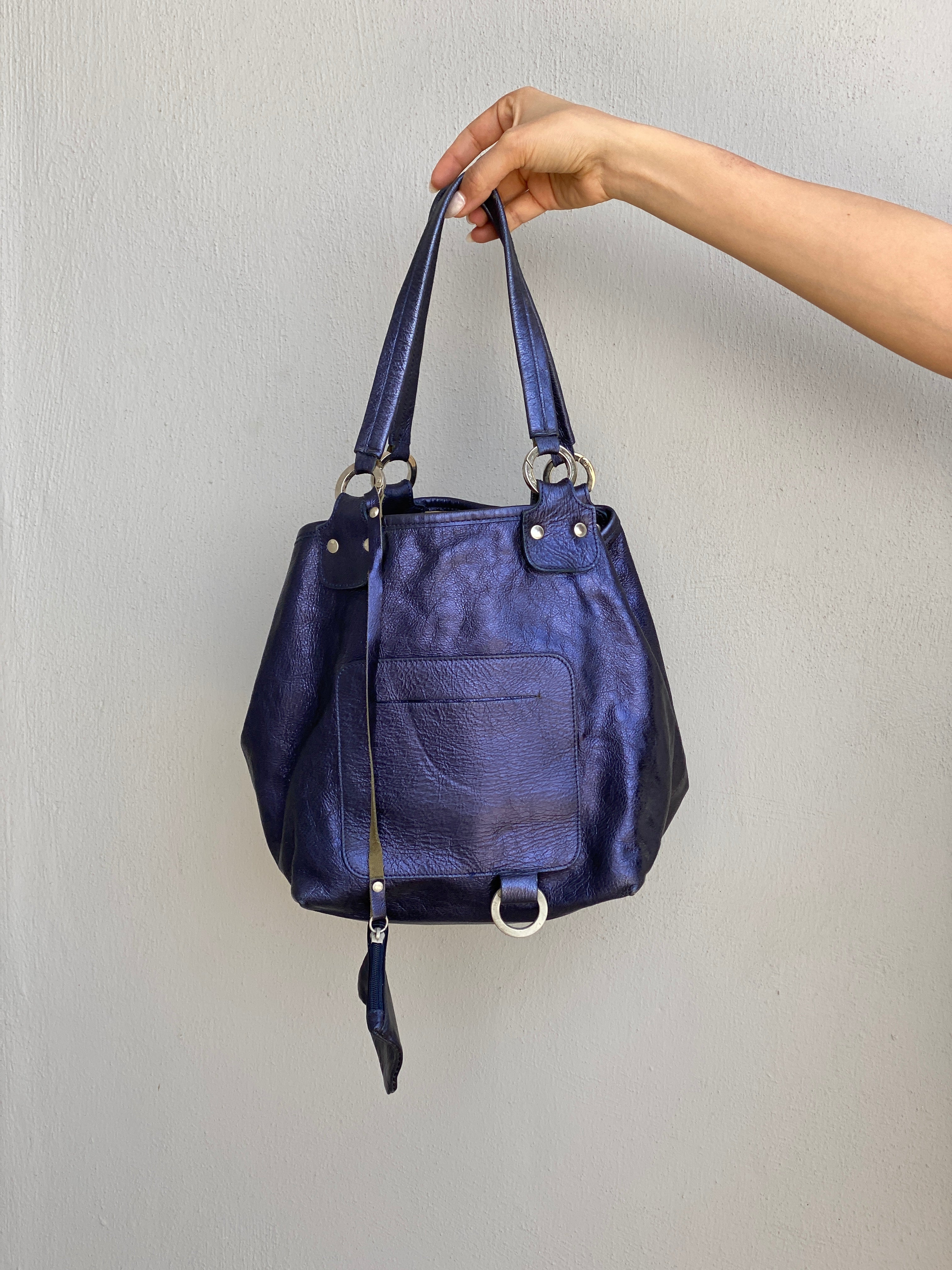 Vintage Y2K Metallic Blue Genuine Leather Slouchy Shoulder Bag