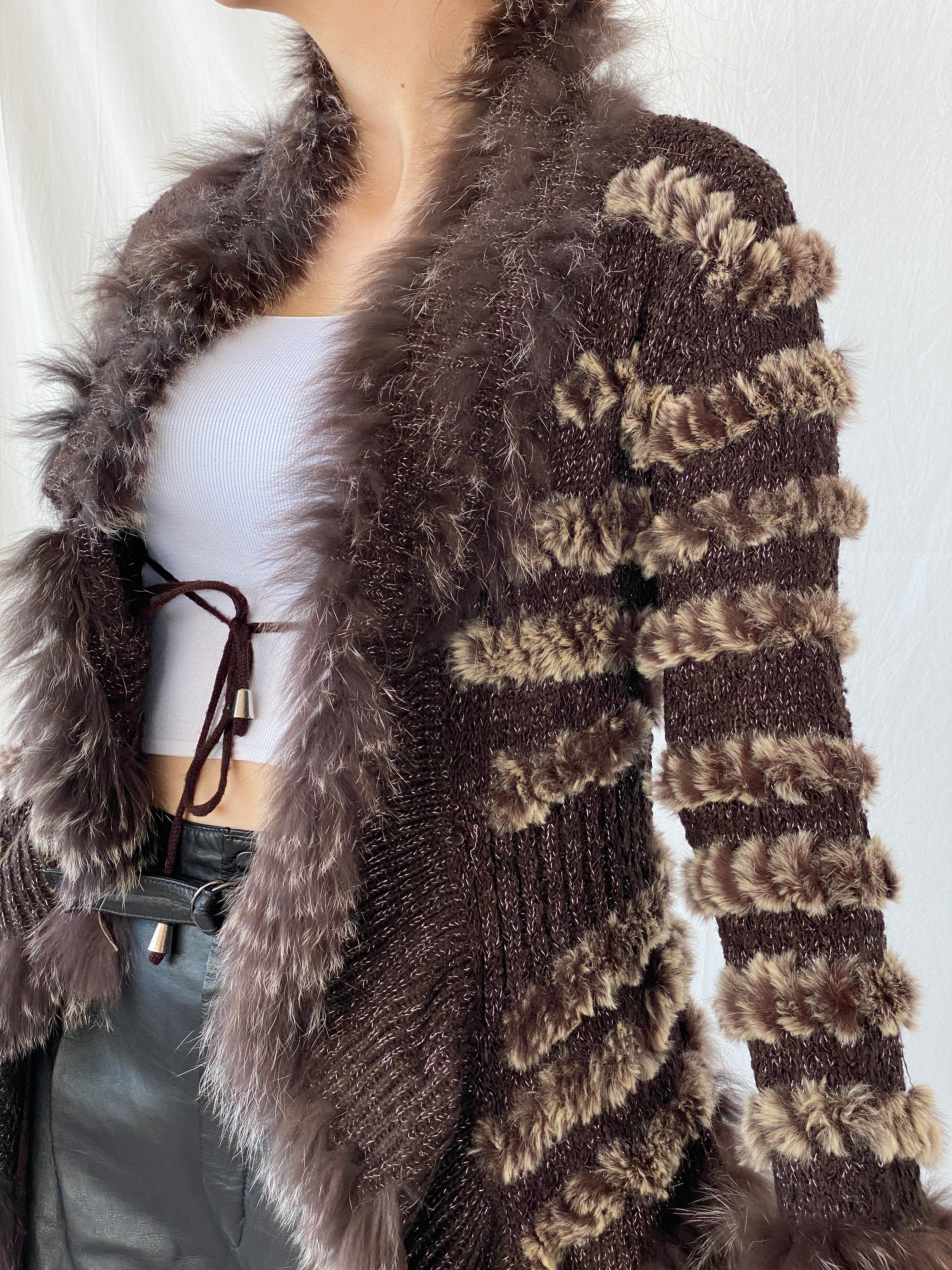 Vintage Knit Rabbit & Fox Fur Brown Cardigan Jacket - S