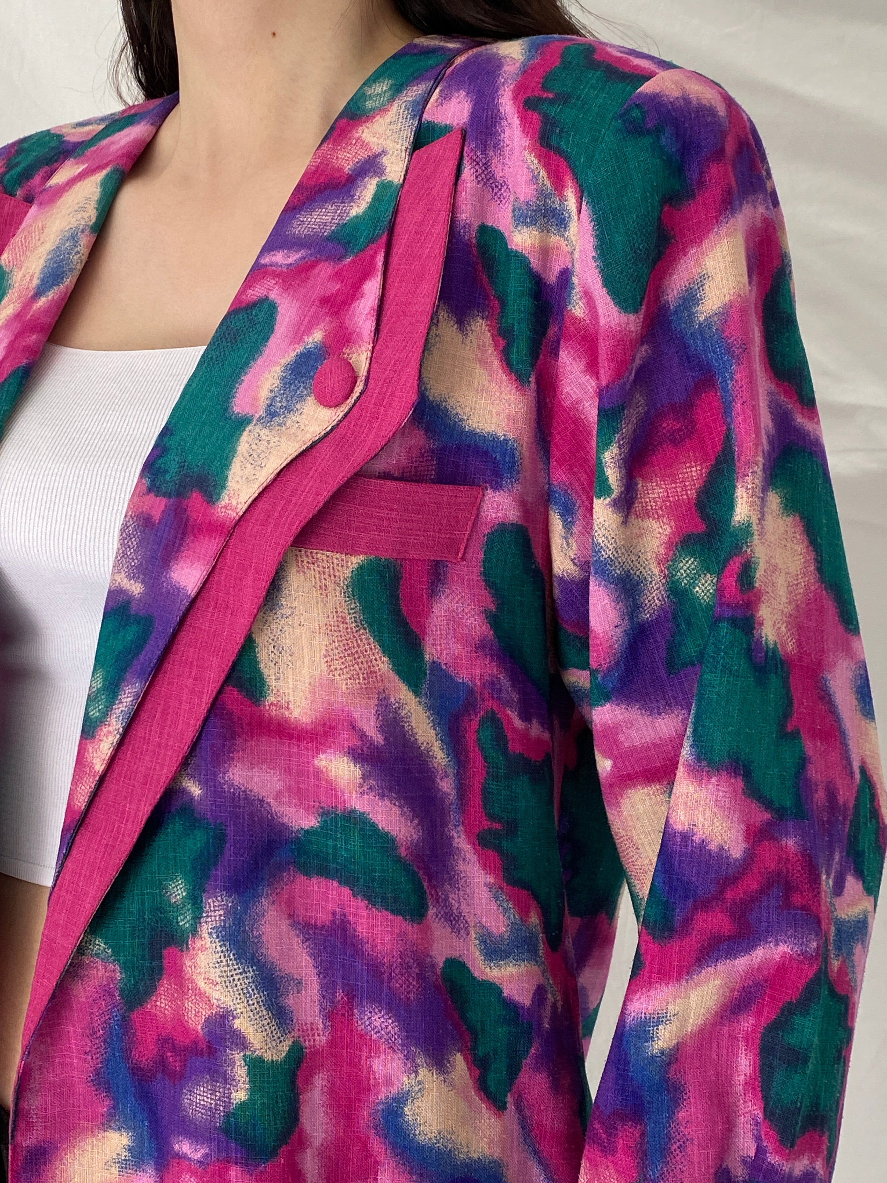 Vintage 90s Picadally London Vibrant Abstract Linen Blend Blazer – Free Size