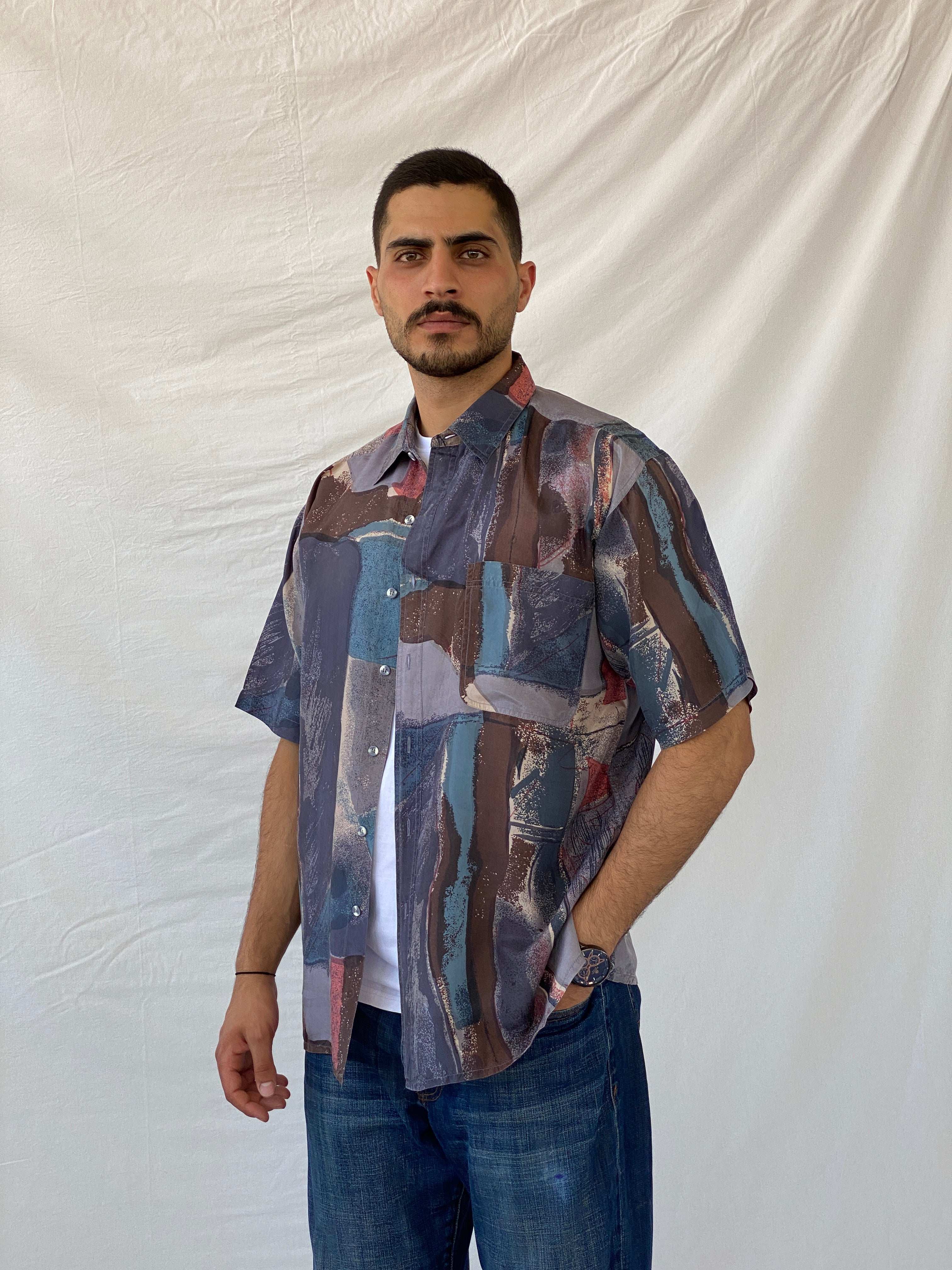 Vintage 90s Surprise Abstract Printed Men’s Silk Shirt - L