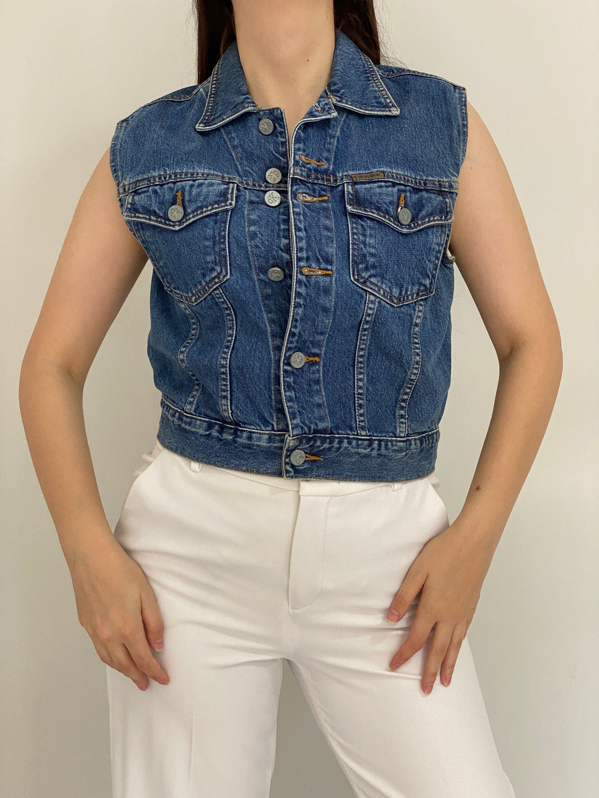 Vintage 90s Calvin Klein Jeans Blue Cotton Denim Cropped Vest - M