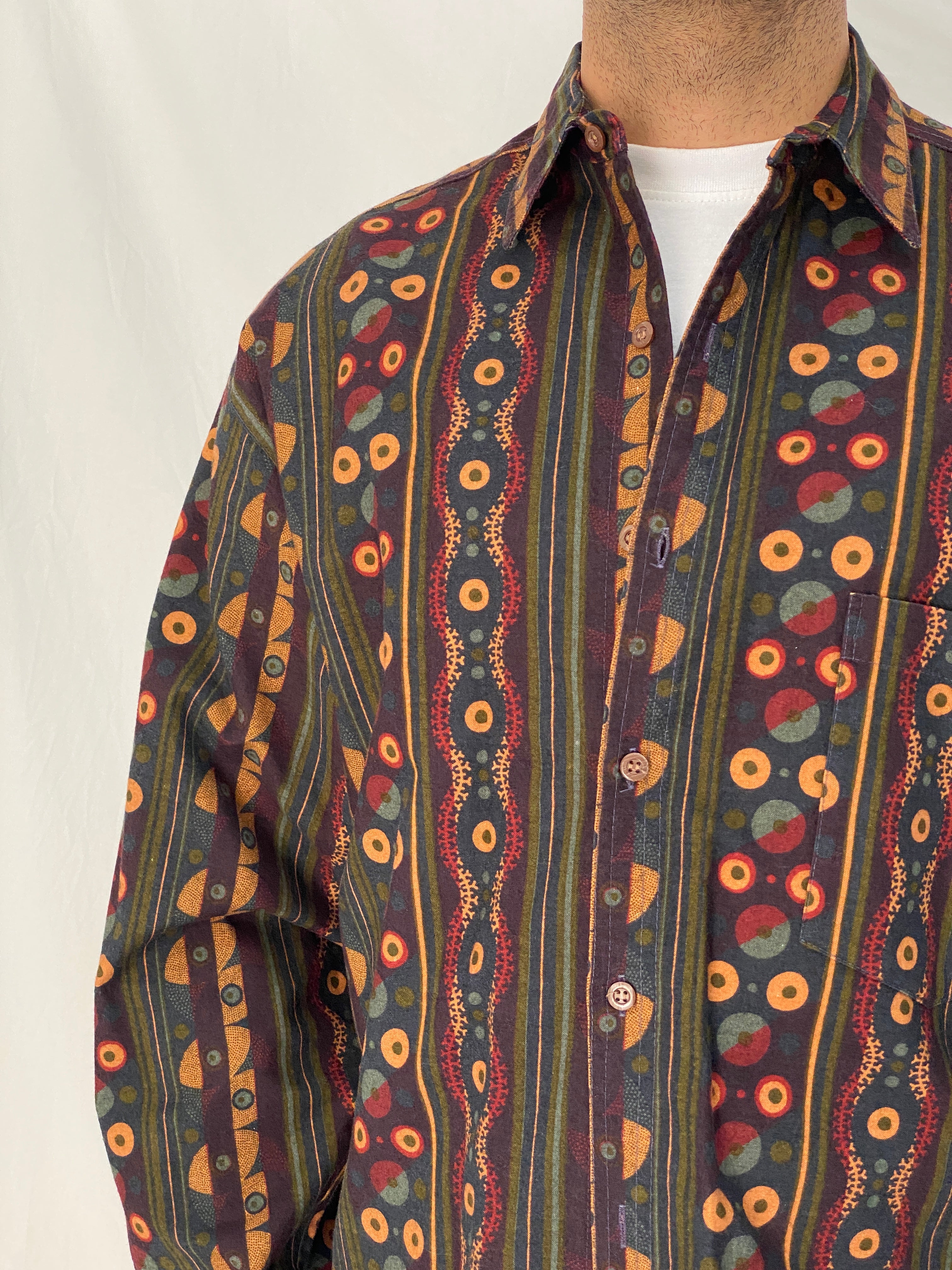 Vintage 90s Mekay Geometric Tribal Stripe Button Up Shirt Abstract Long Sleeve Oversized Fit - L