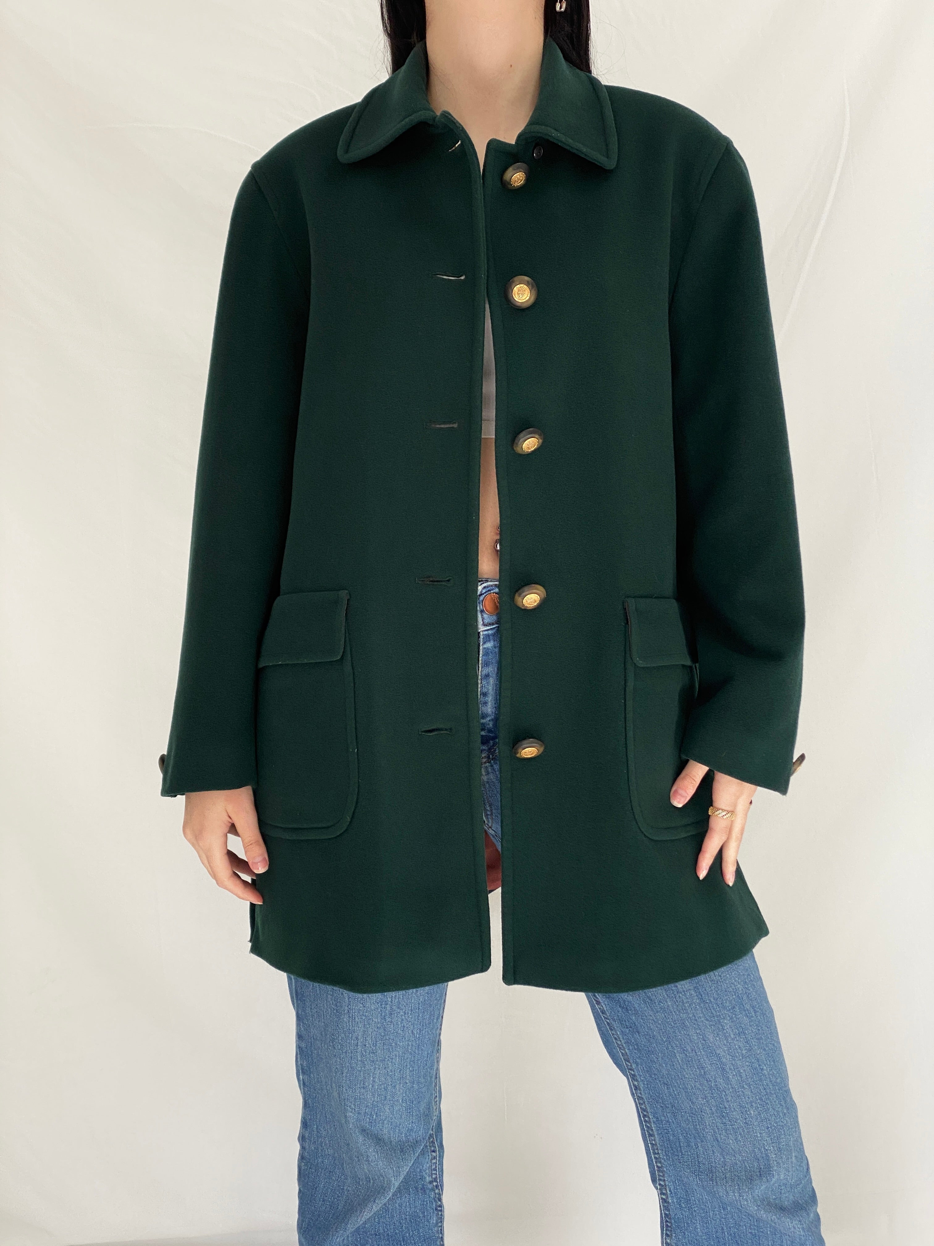 Vintage Viyella Green Wool Coat 90s Classic Tailored Wool Minimalist Jacket - L
