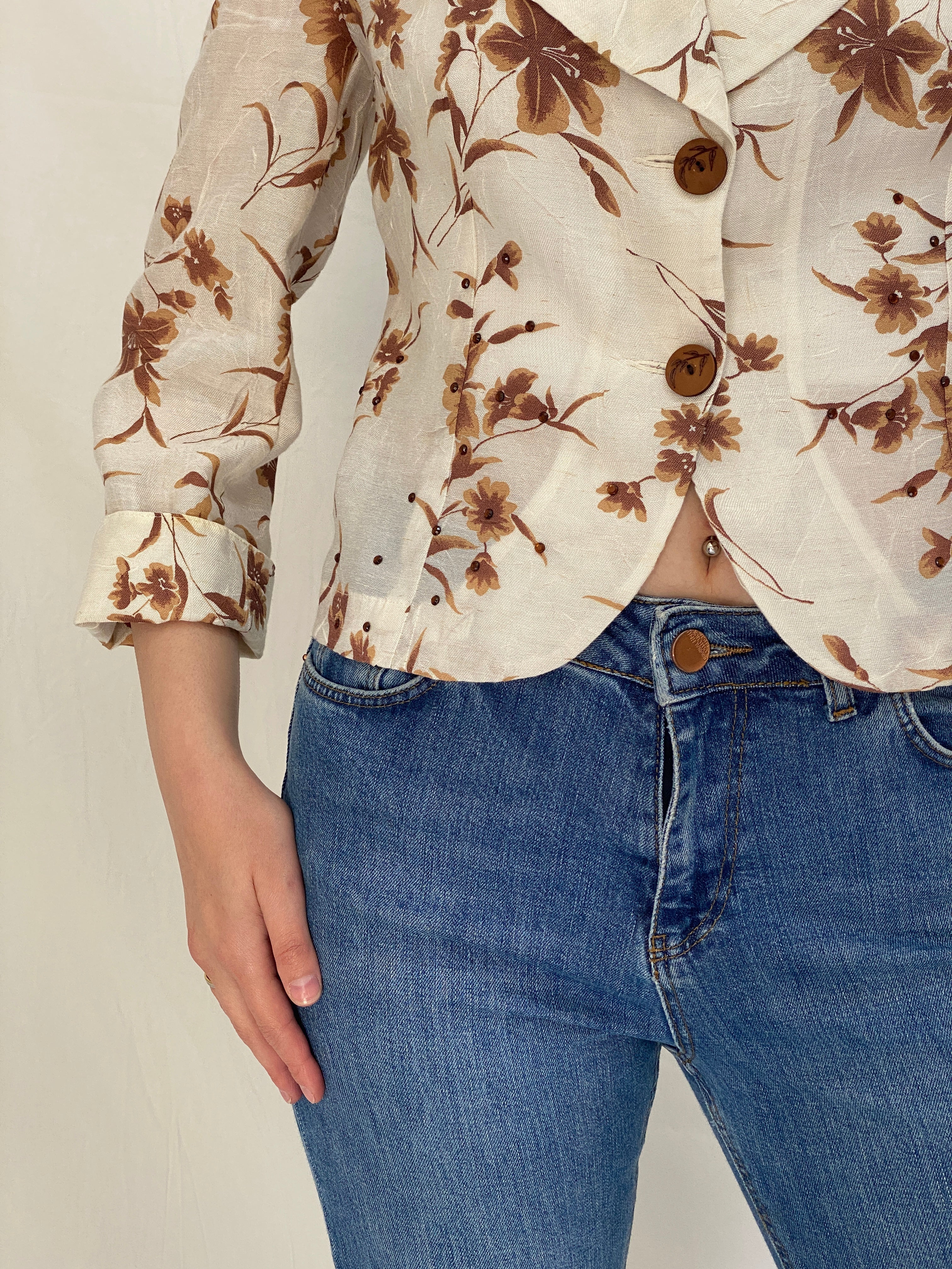 Vintage 90s Sinyor Cream Brown Floral Cropped Blazer - M