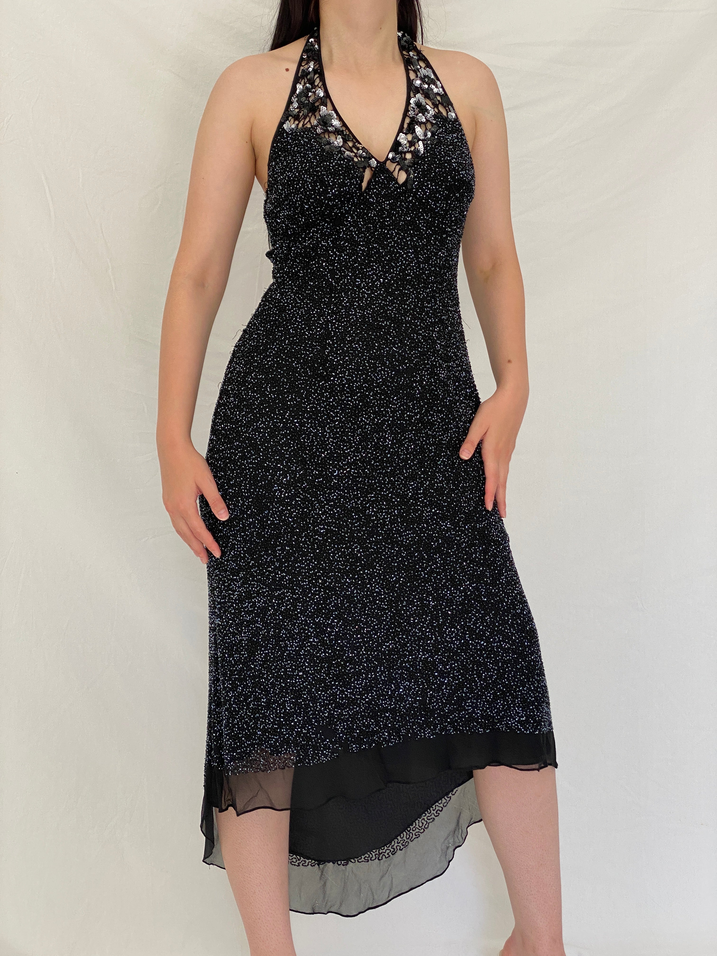 Vintage PAPÉLL BOUTIQUE Black Silk Beaded Halter Evening Dress – S