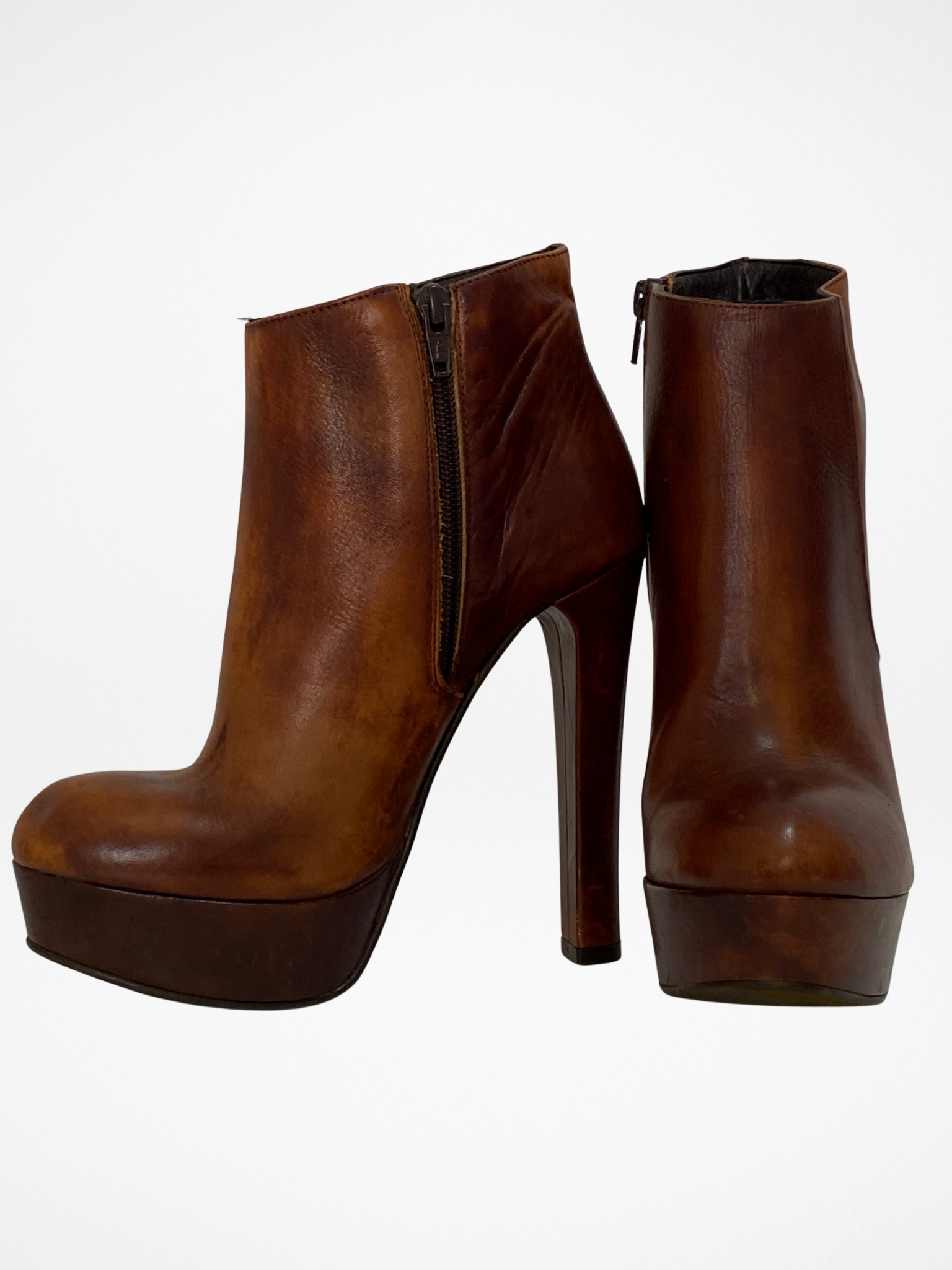 Network Genuine Leather Platform Ankle Boots Distressed Brown High Heel Statement Shoes - EU 38