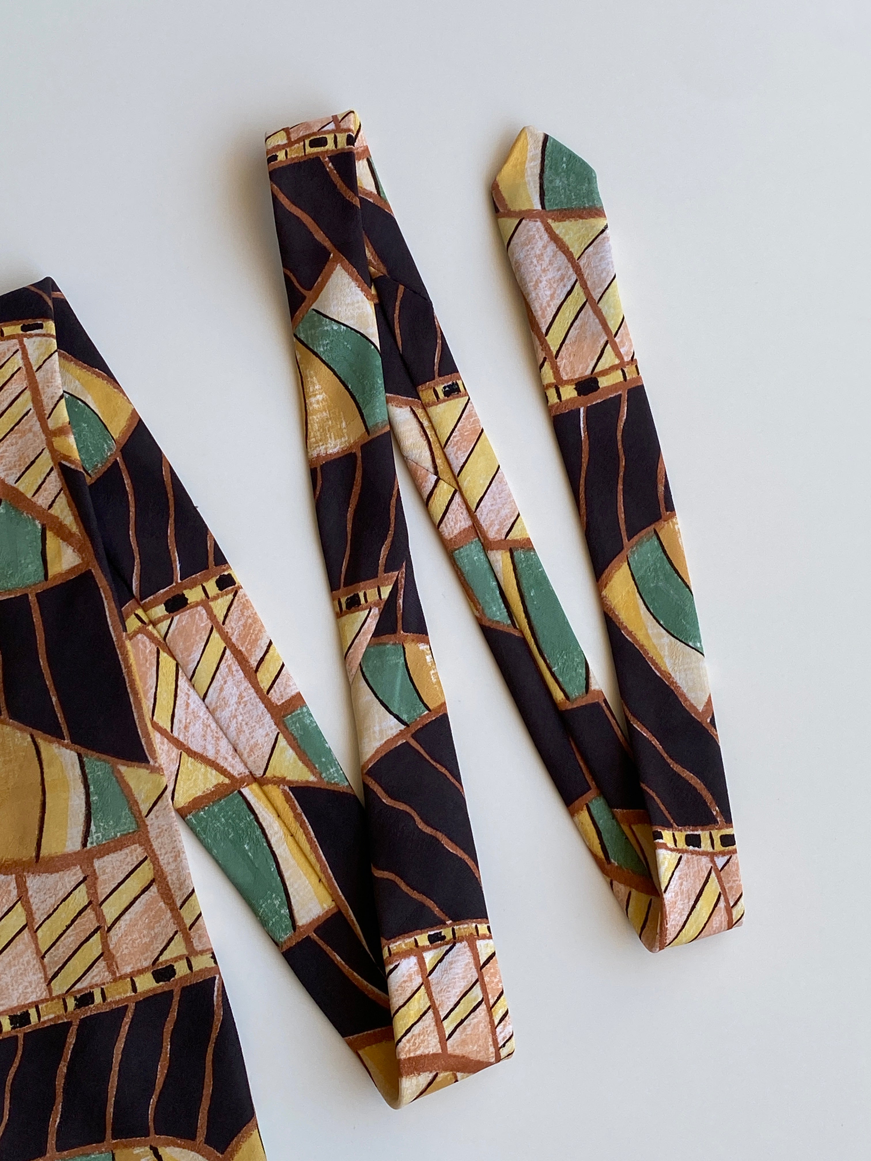 Vintage 90s T Fashion Brown Green Abstract Geometric Wide Necktie