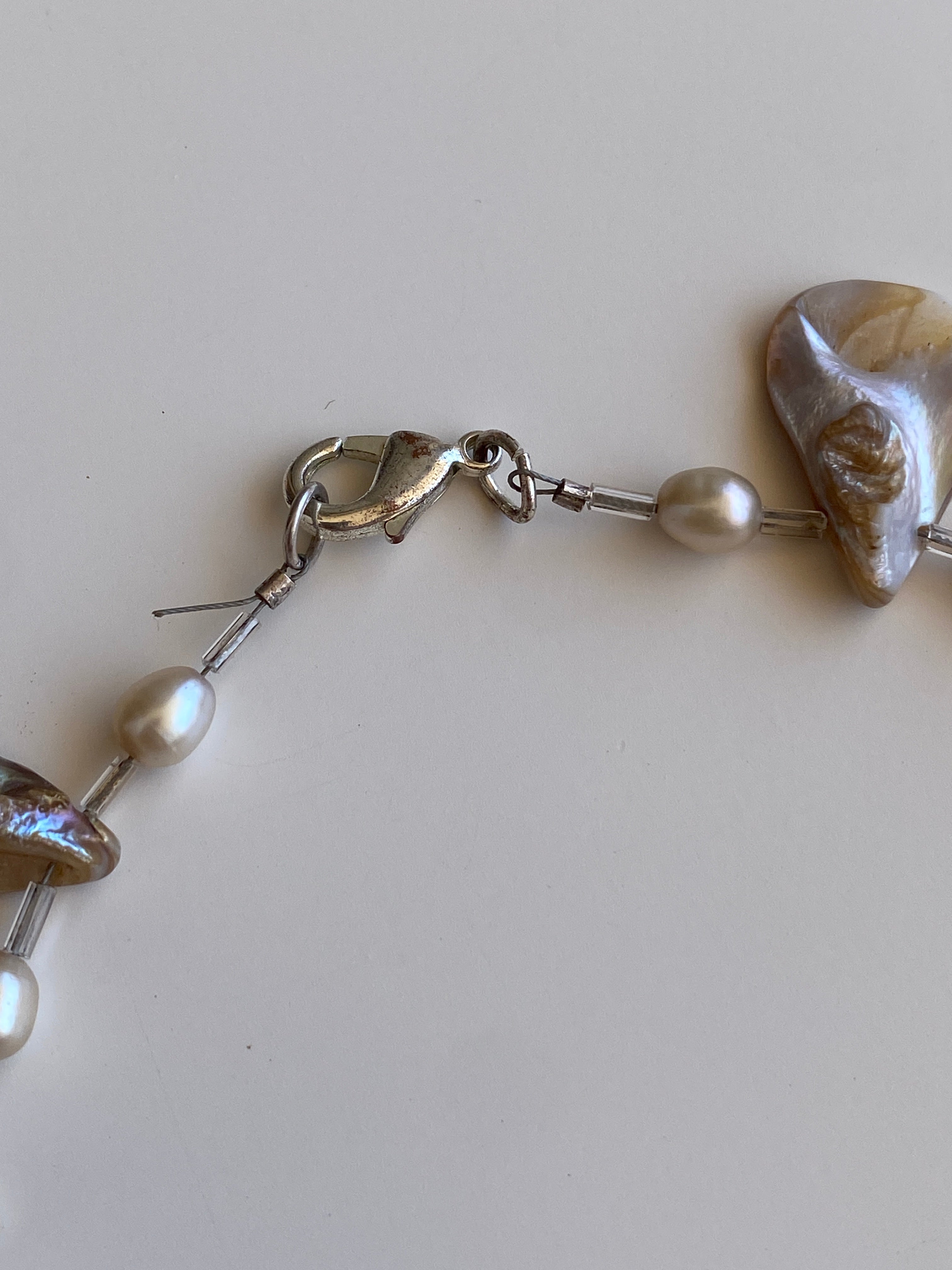 Vintage Mother of Pearl Shell & Faux Pearl Statement Choker Necklace