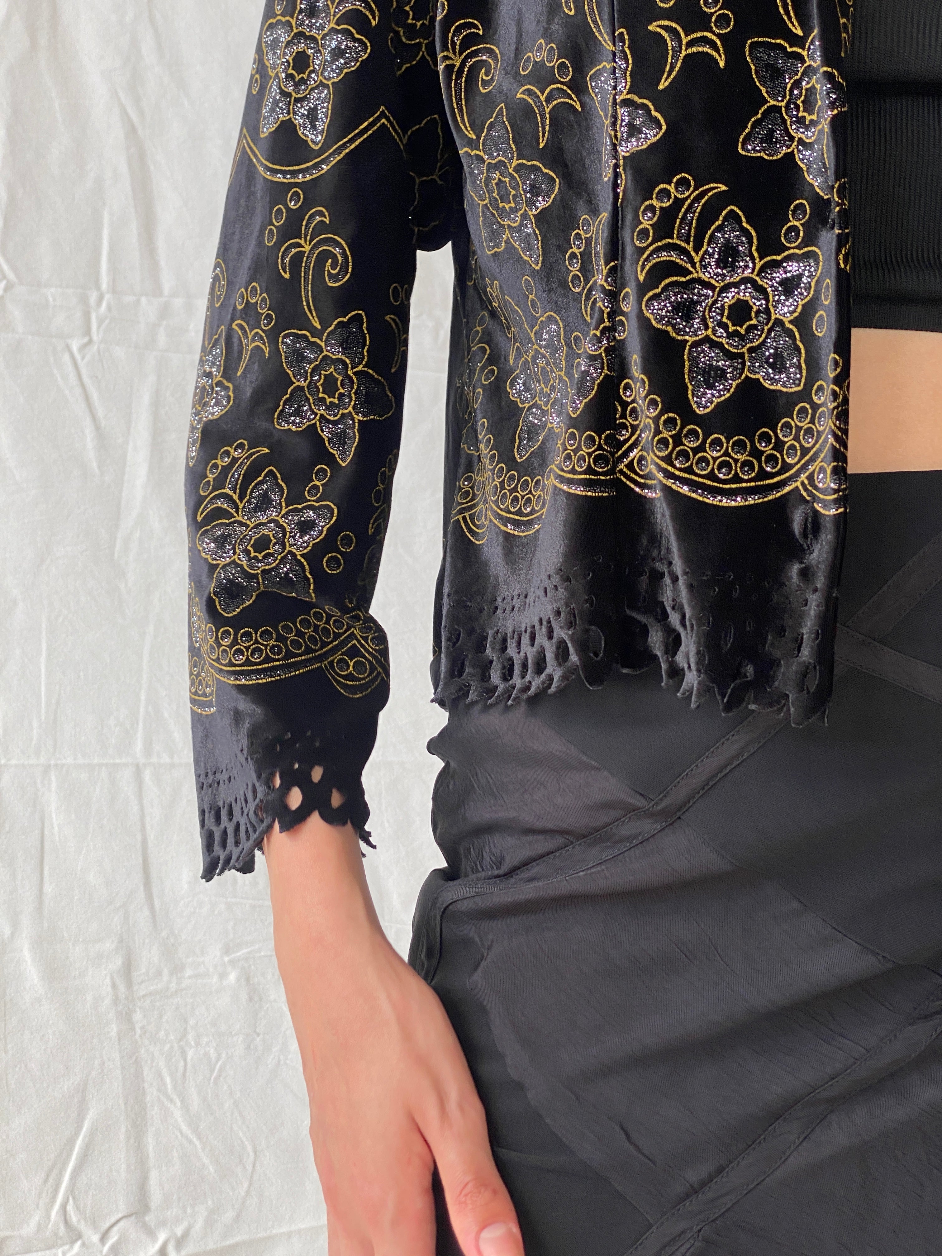 Vintage 80s/90s Black Velvet Button Front Cardigan With Gold Floral Details - M