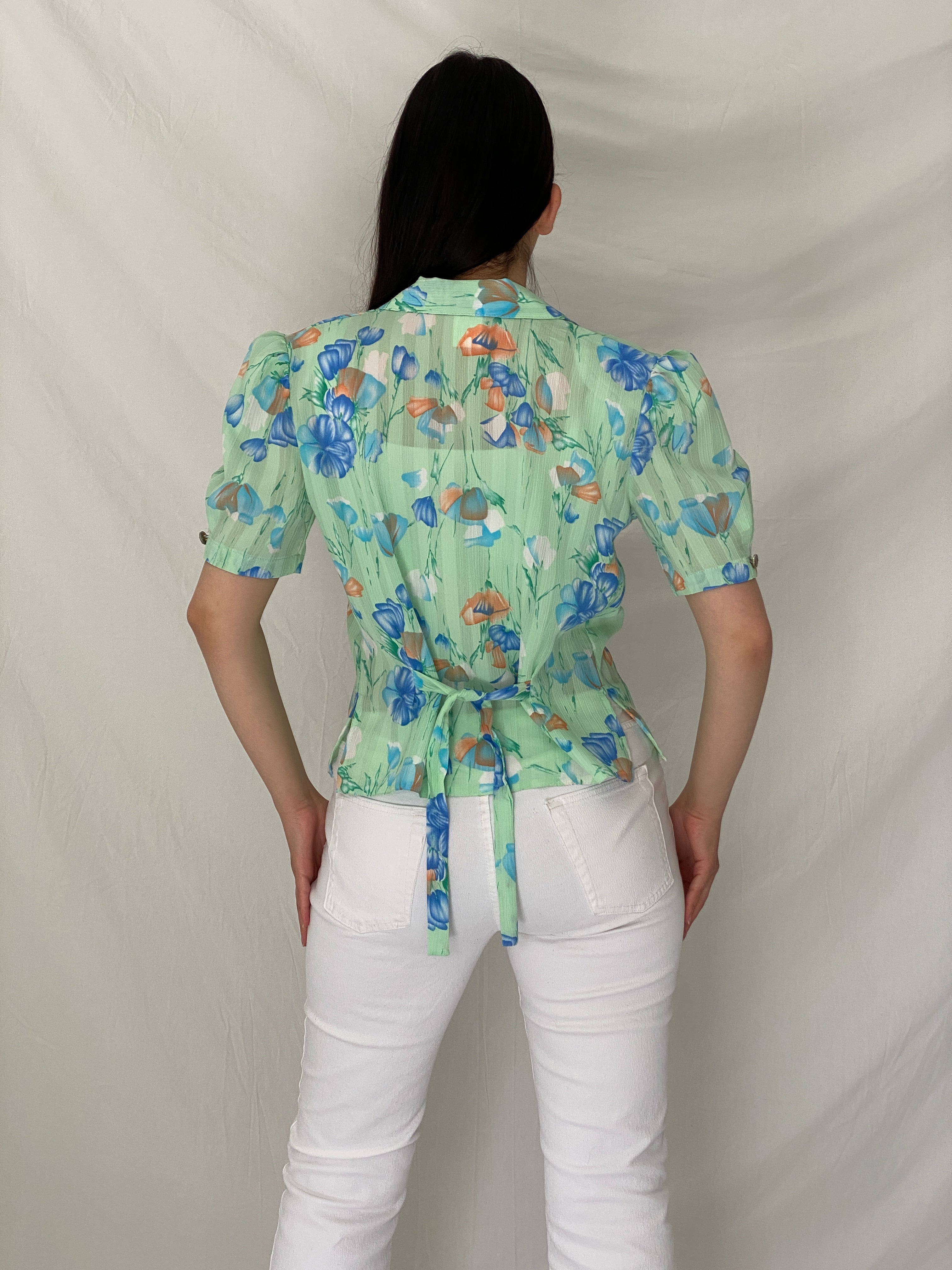 Vintage French Mint Floral Sheer Puff Sleeve Blouse Soft Girl Top – S