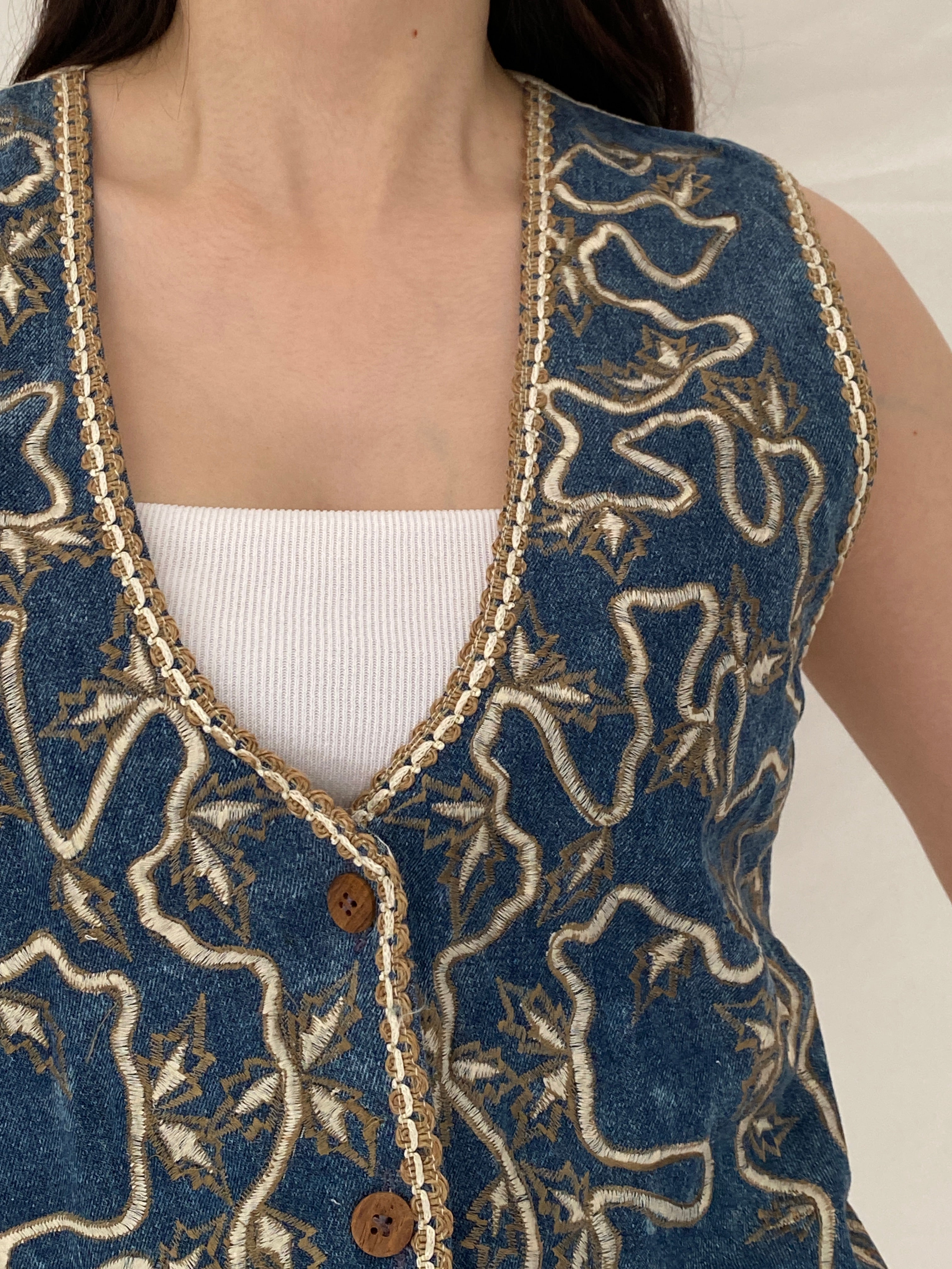 Vintage Agapo Embroidered Denim Vest Blue Cotton Boho Tie Back Waistcoat - M