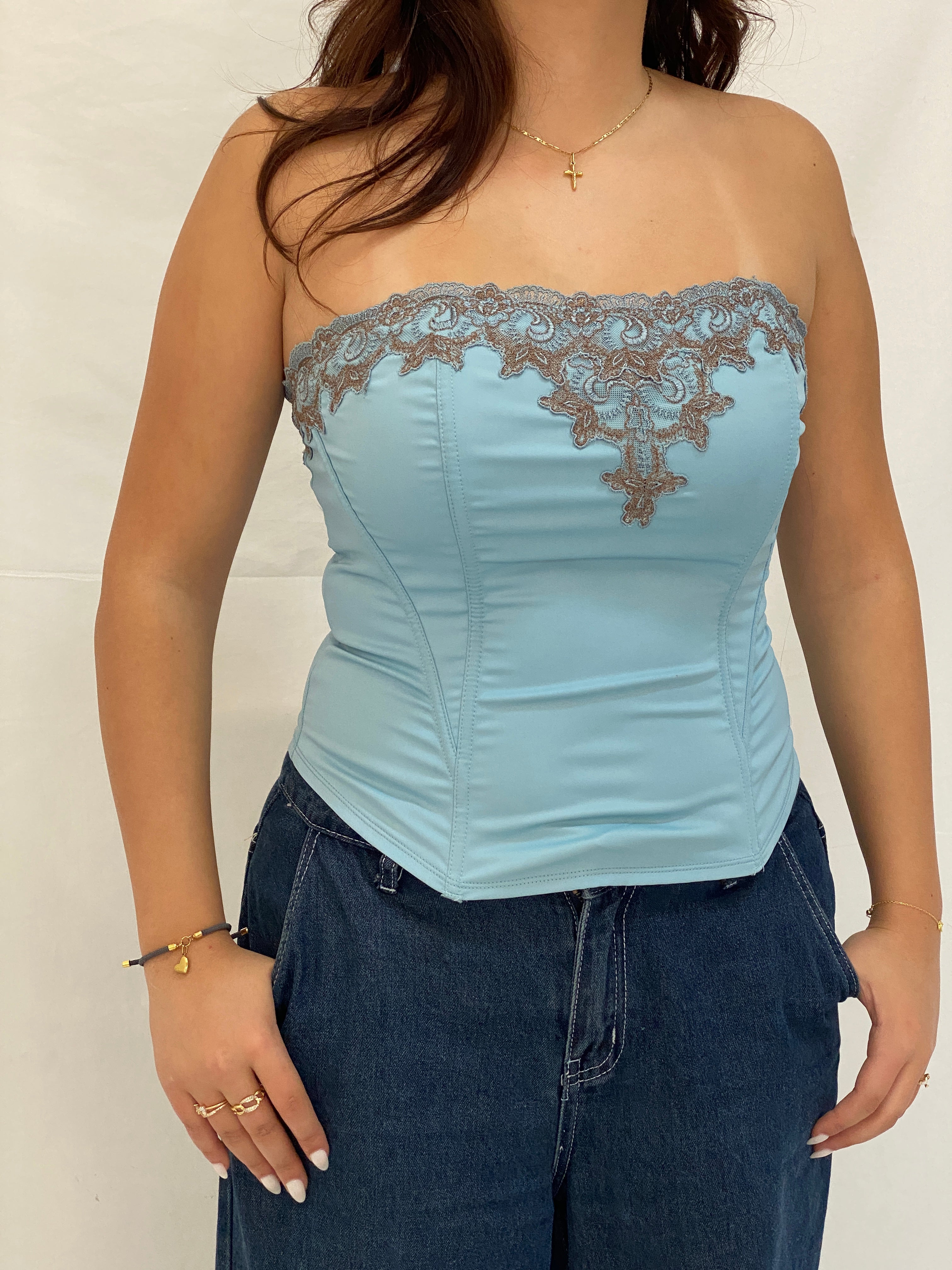 Vintage Baby Blue Strapless Corset Top Lace Trim Bustier Style Y2K Top - M