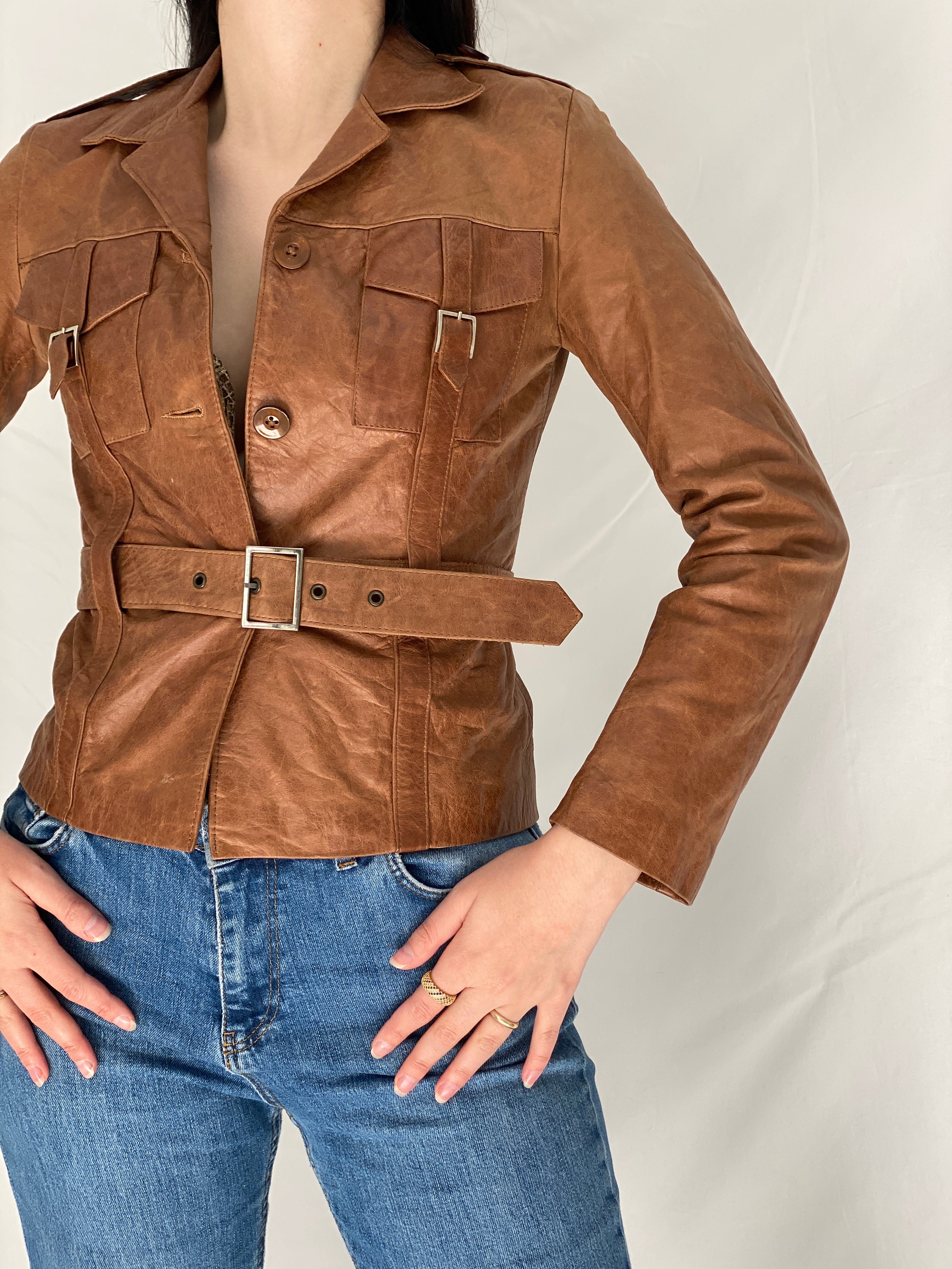Vintage Y2K Influence Paris Brown Genuine Leather Fitted Belted Jacket - S