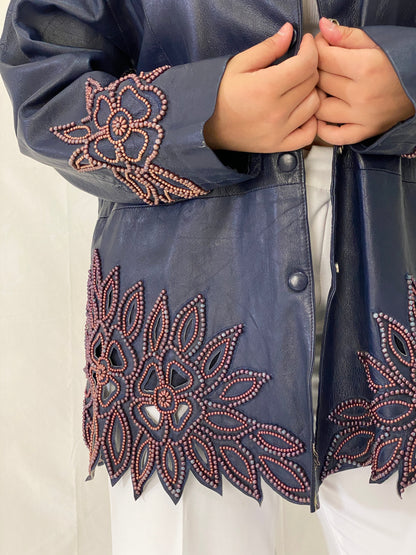 Vintage KOSHAR Genuine Leather Duster Coat Navy Beaded Cut-Out Floral Jacket - XL