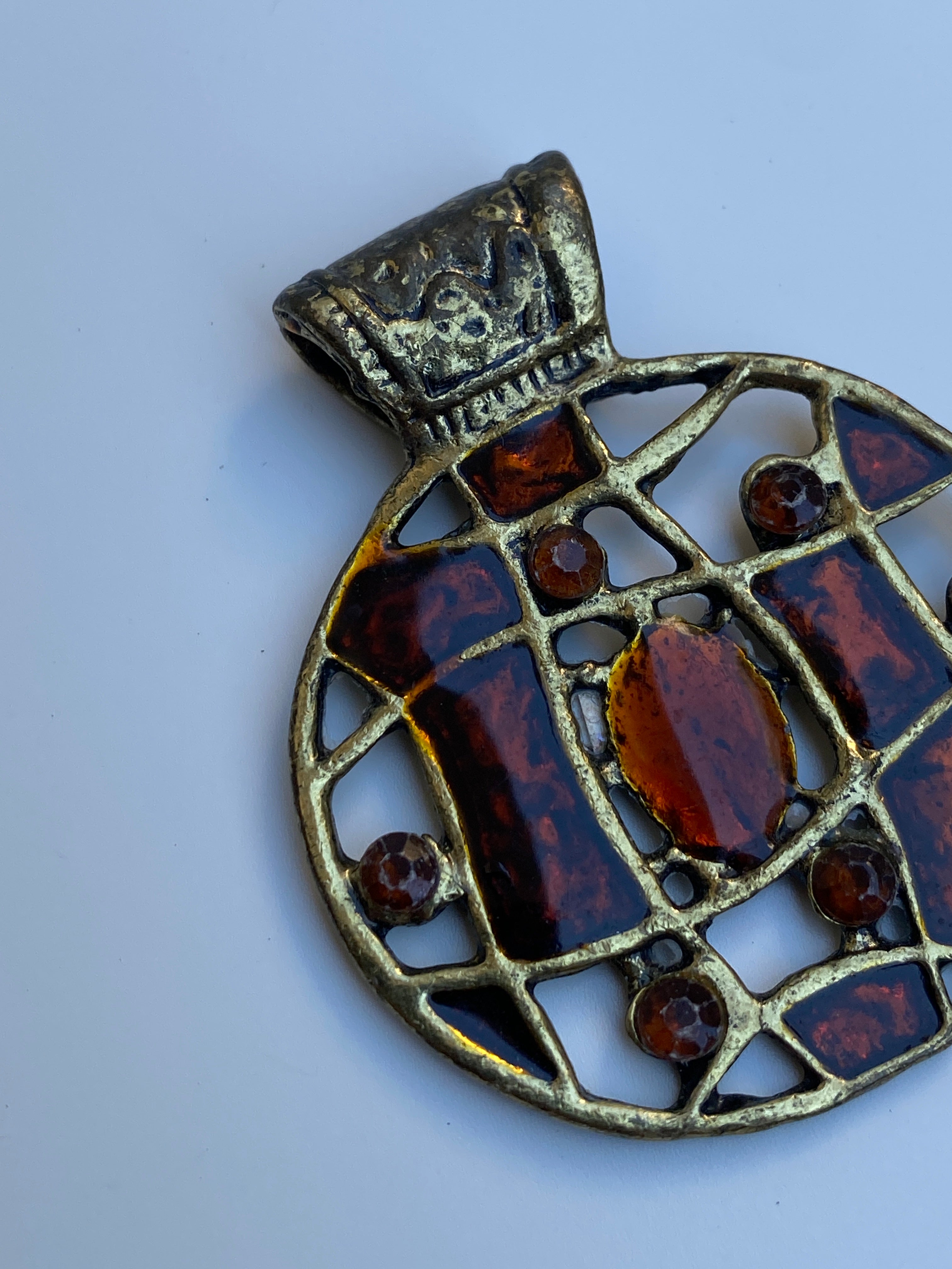 Vintage Brutalist Amber Glass Mosaic Artisan Round Pendant