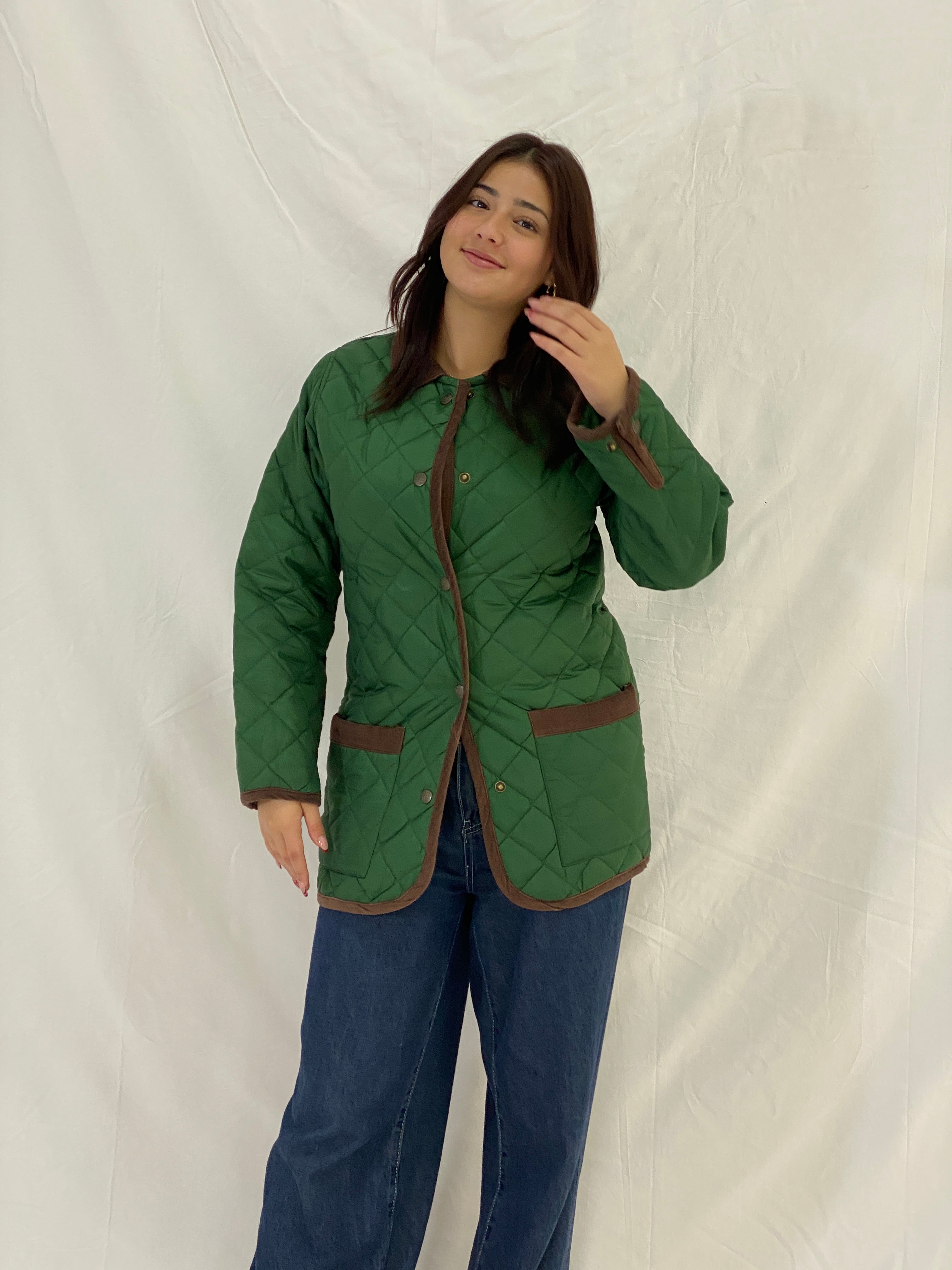 Vintage Green Quilted Nylon Jacket with Brown Corduroy Trim – S