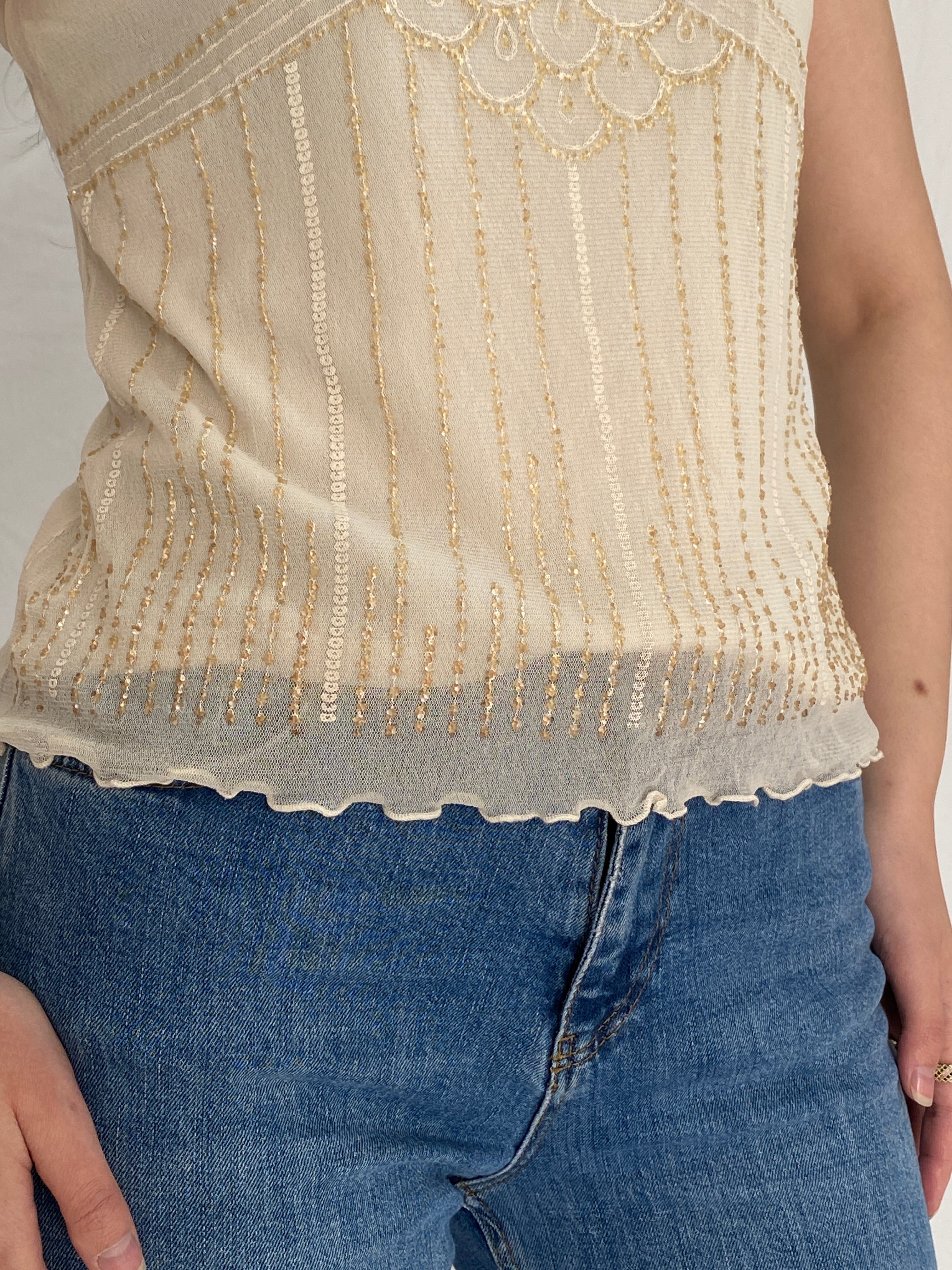 Vintage Y2K BHS Cream Beaded Mesh Top Sheer Sequin Embellished Blouse - L