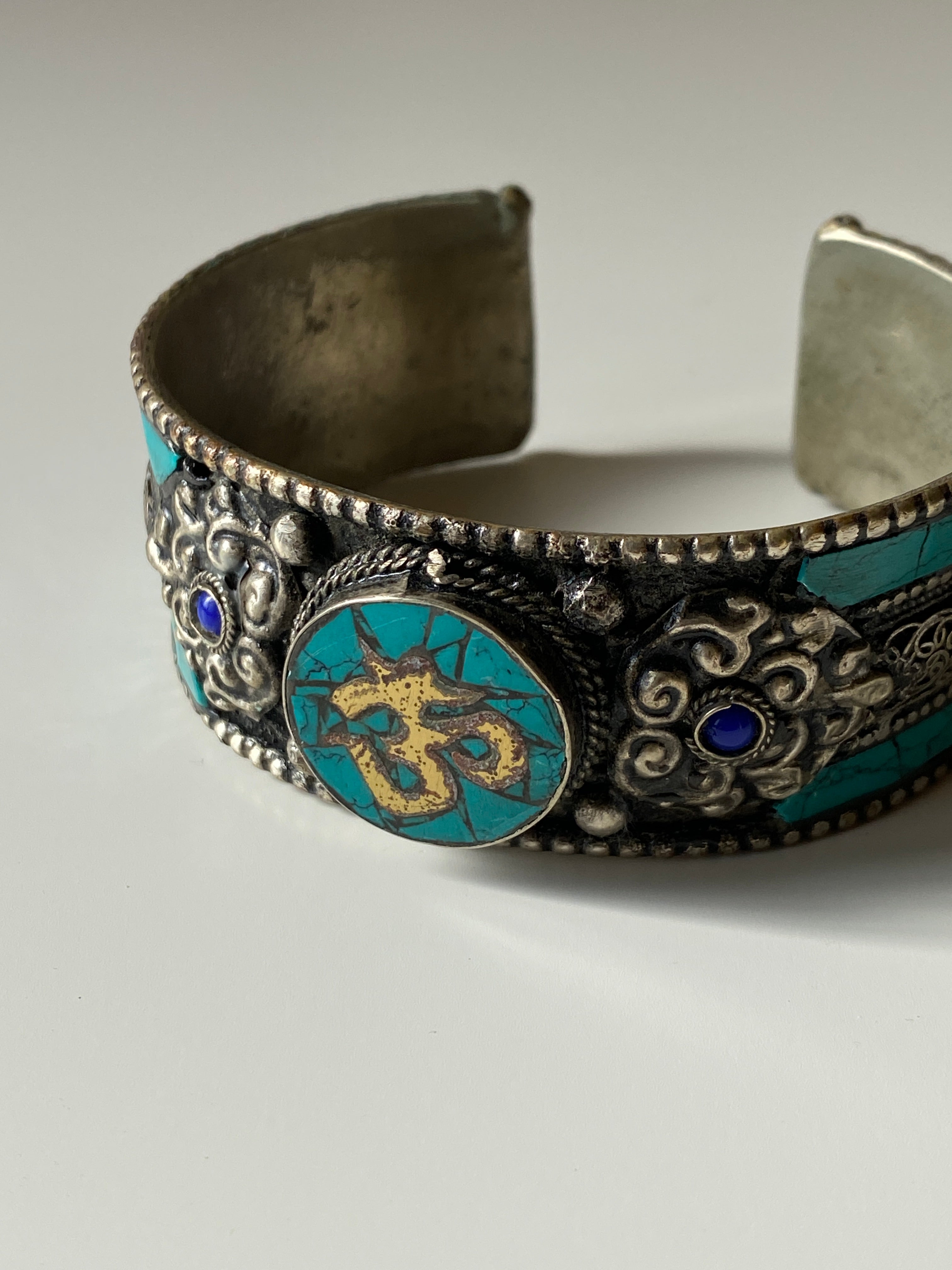 Vintage Tibetan Turquoise Om Cuff Silver Tone Dragon Engraved Bracelet