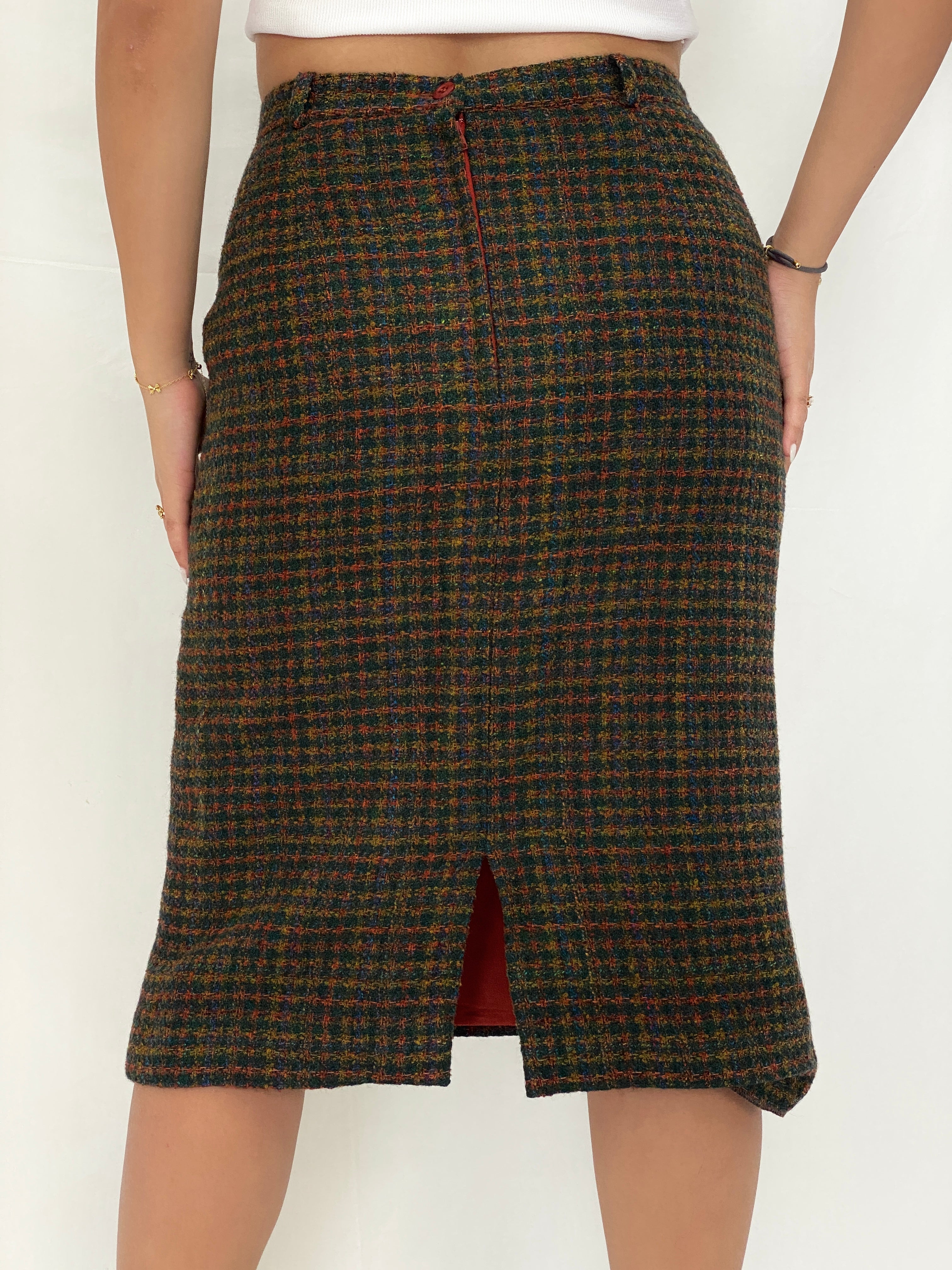 Vintage Solfin Wool-Blend Tweed Pencil Skirt Multicolor Check Plaid High-Waist Midi Skirt - M