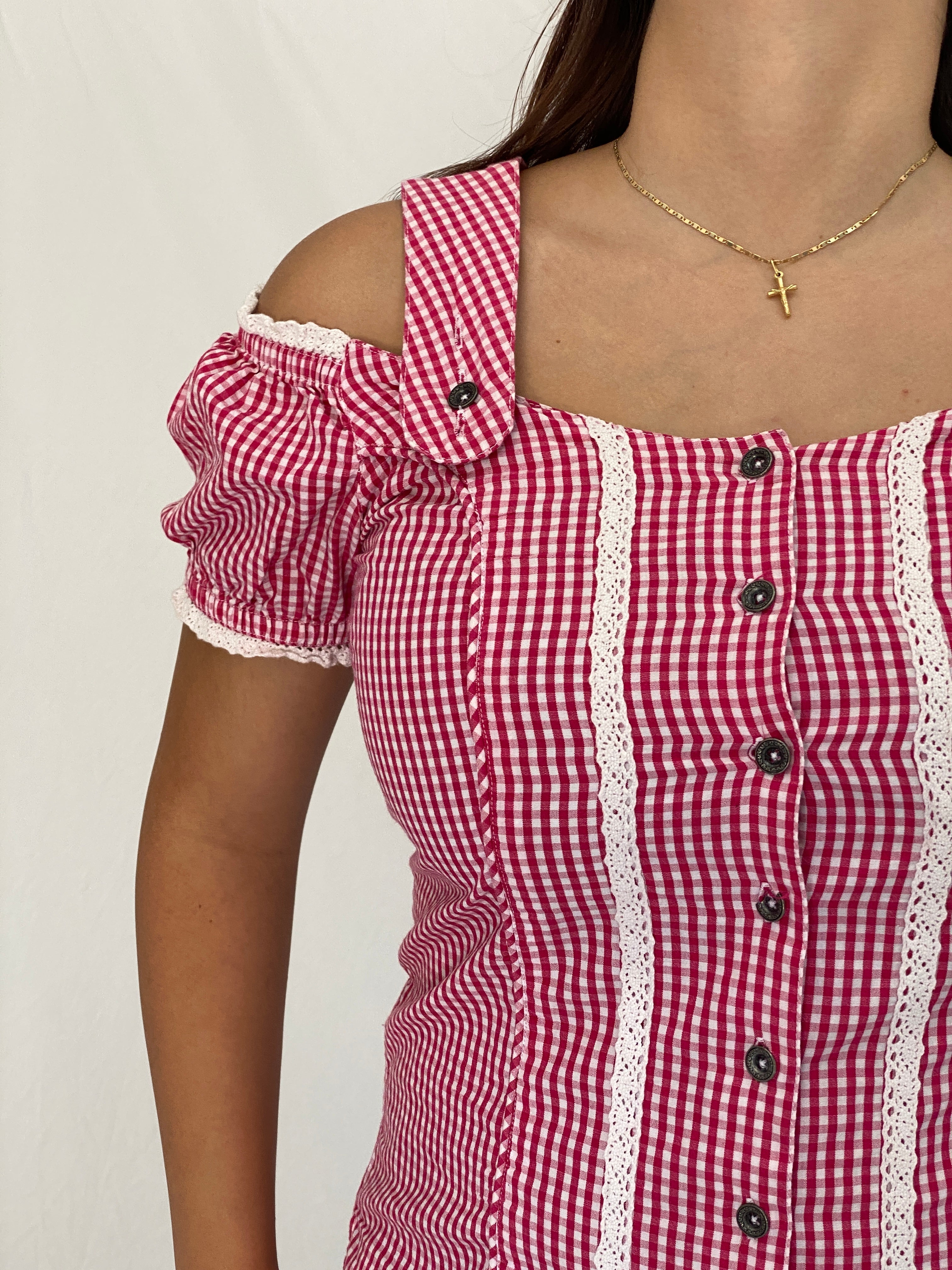 Vintage Y2K Gina Benotti Red & White Gingham Cold Shoulder Lace Trim Blouse - M