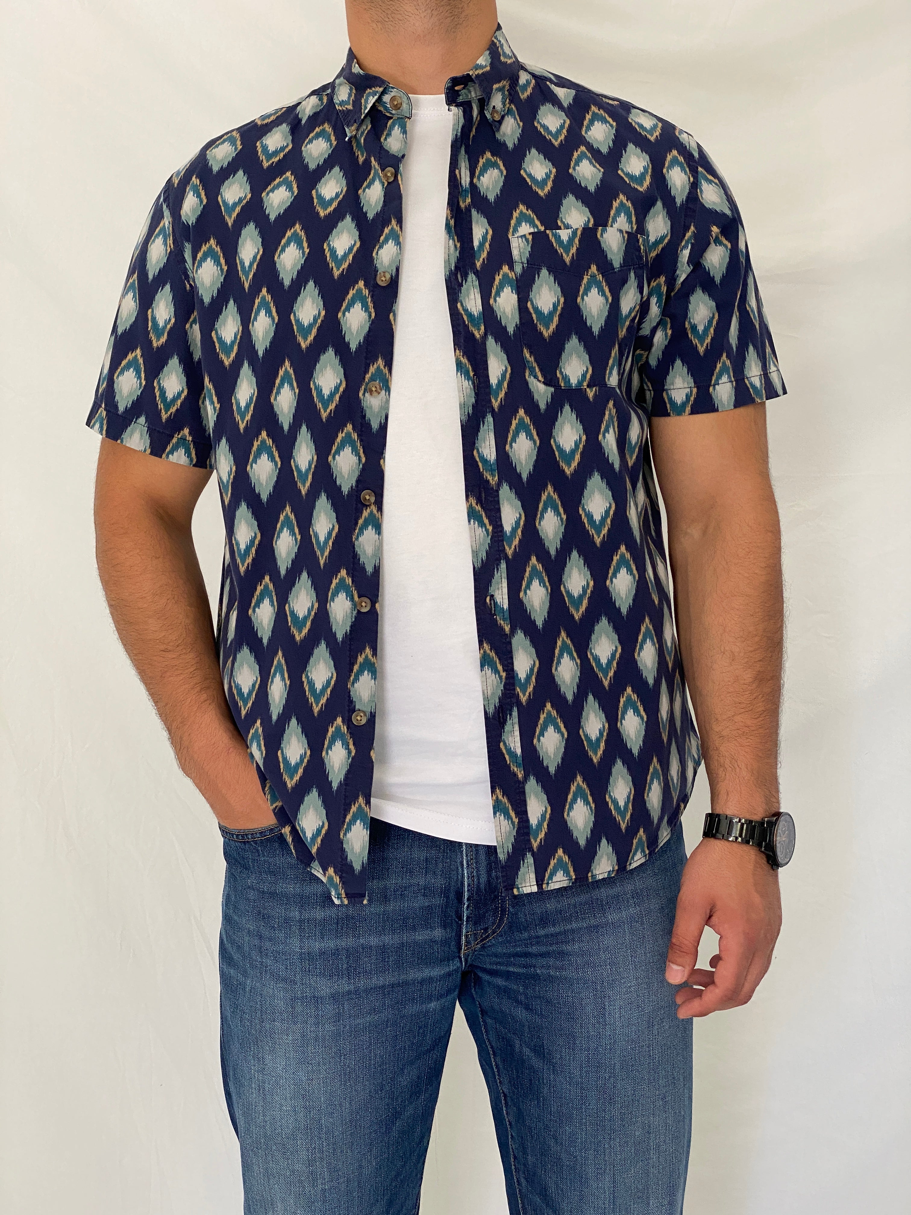 Vintage Y2K Old Navy Blue Ikat Print Button-Down Shirt - L