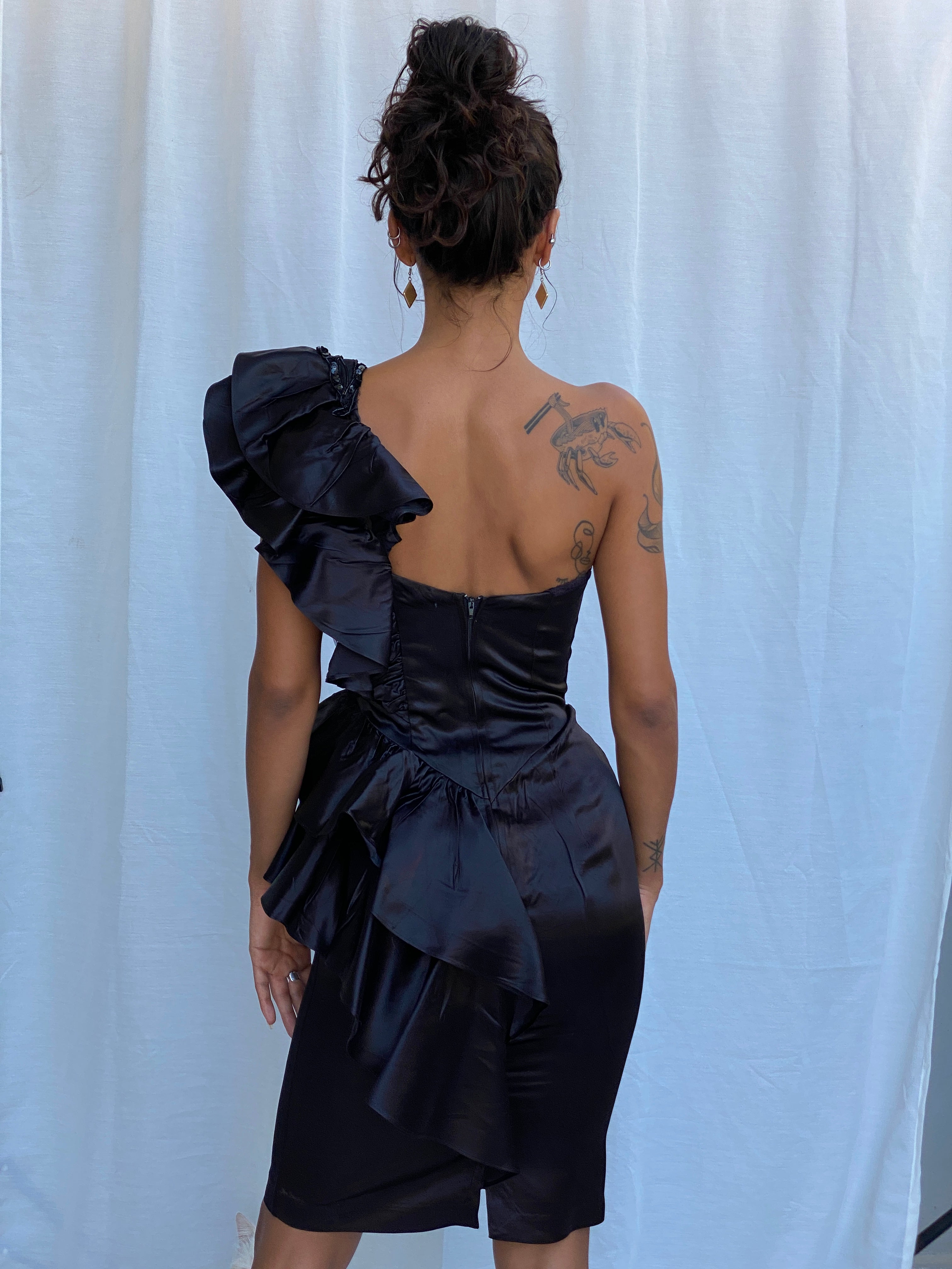 Vintage 80s Climax Karen Okada for David Howard Black Acetate One-Shoulder Beaded Ruffle Cocktail Dress - XS
